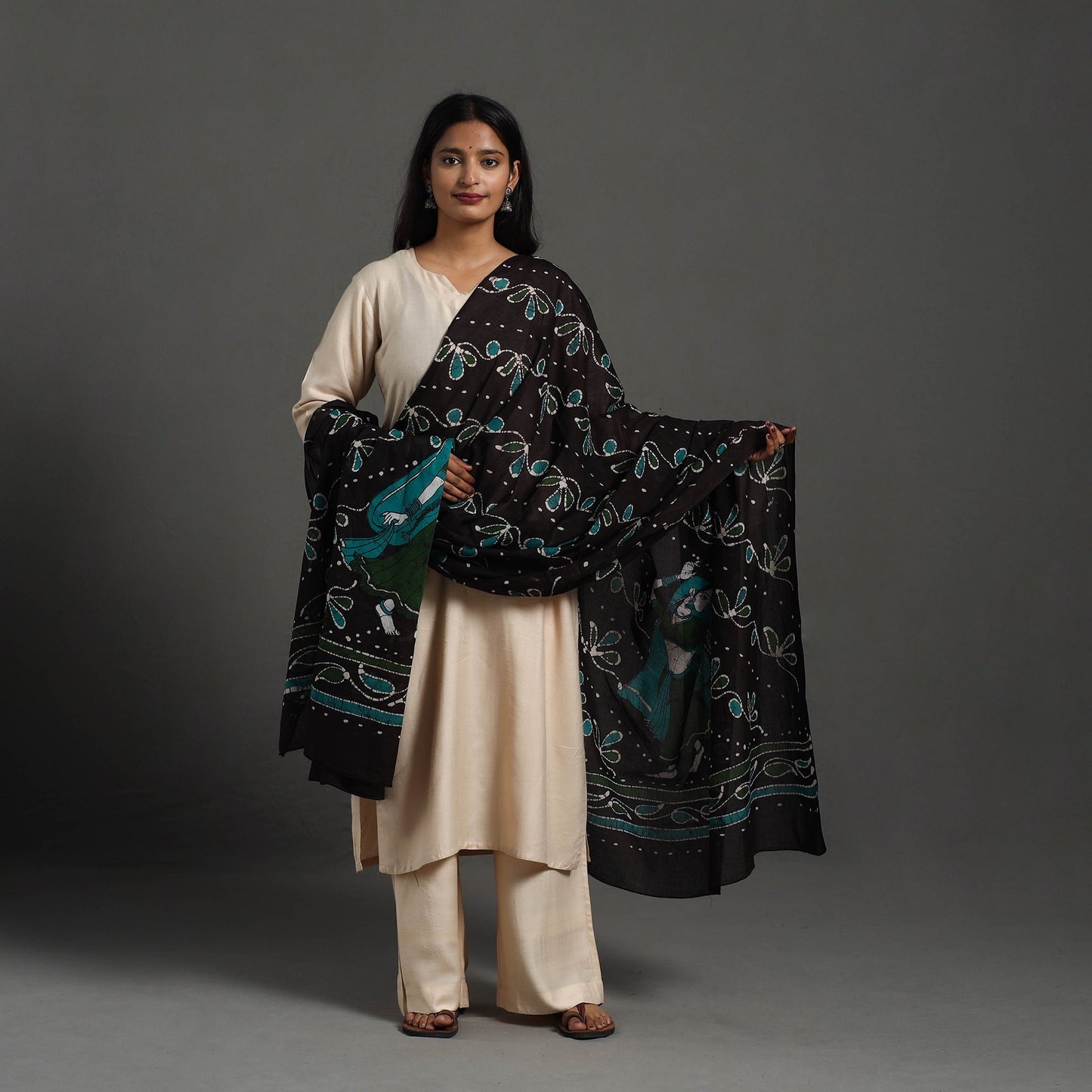 Black Cotton Hand Batik Print Dupatta