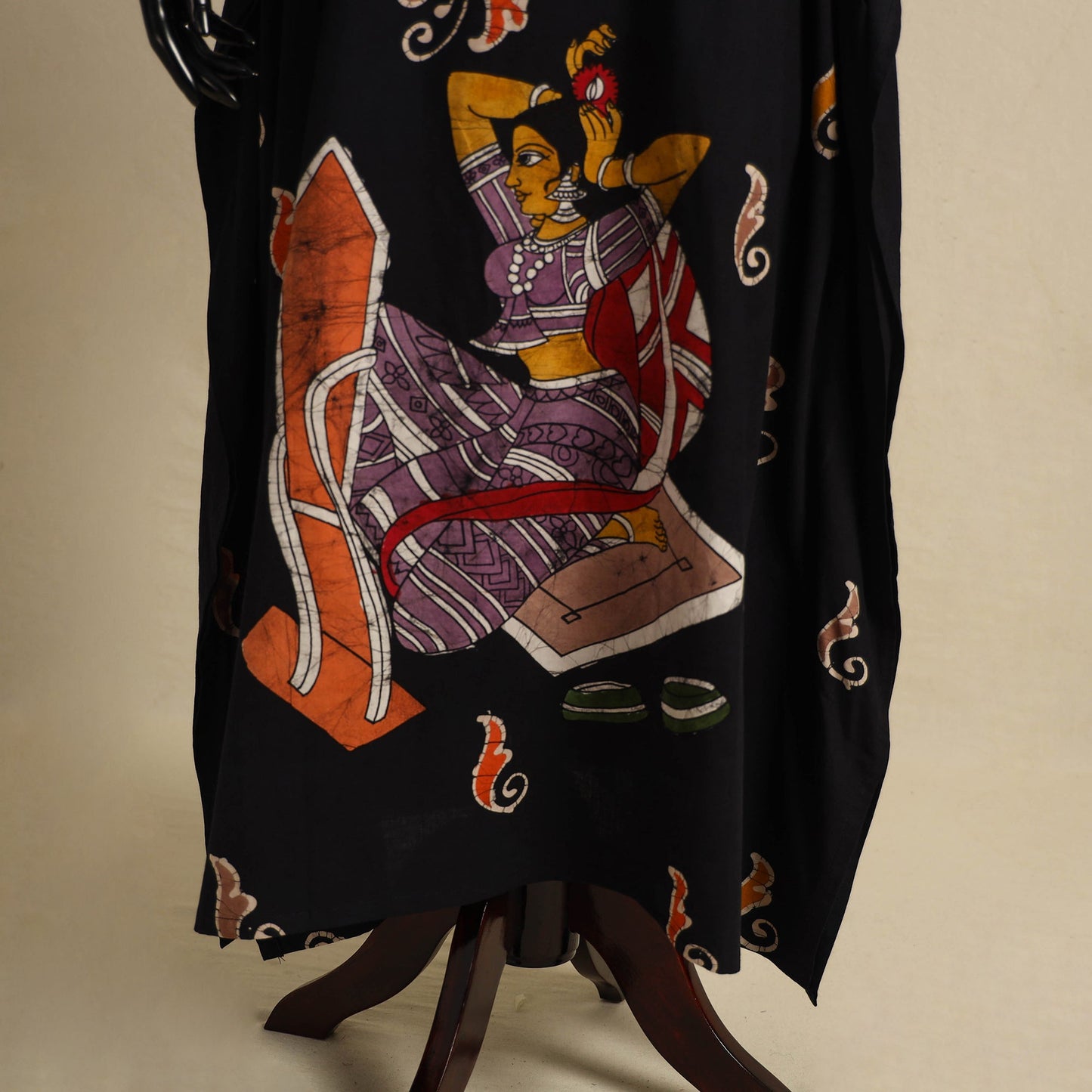 Black - cotton hand batik kaftan with tie-up waist (long)