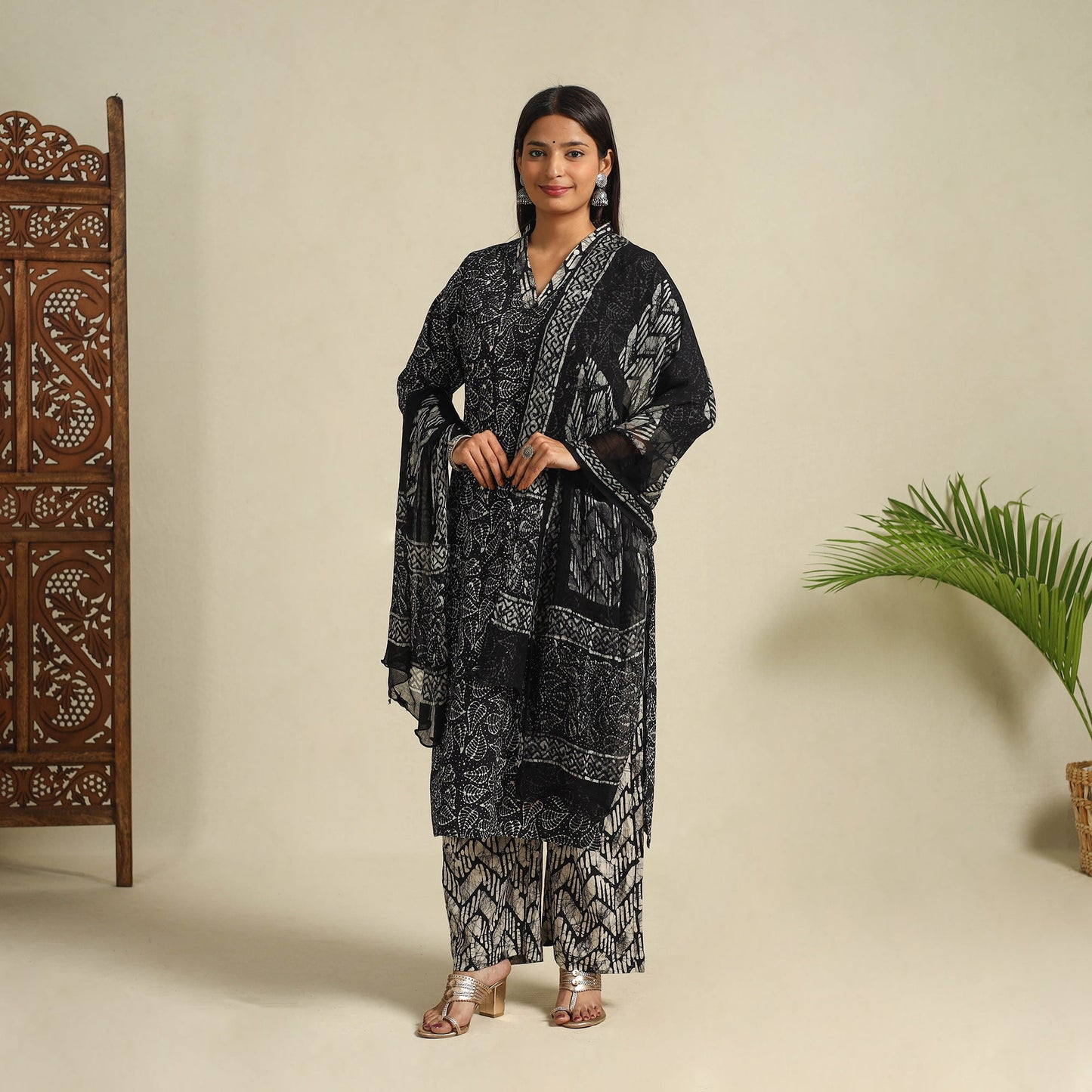 Black Cotton Hand Batik Print Suit Set