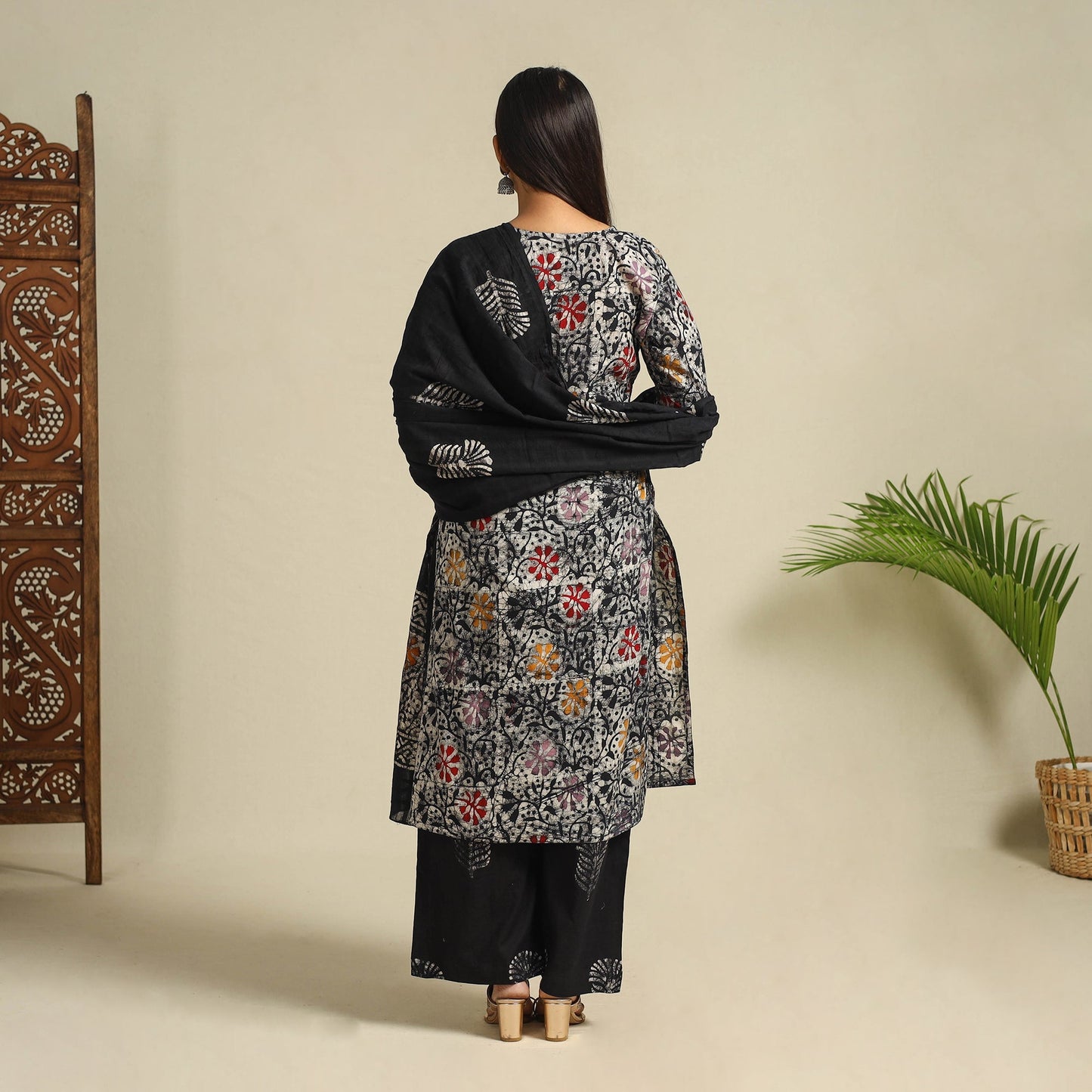 Black Cotton Hand Batik Print Suit Set