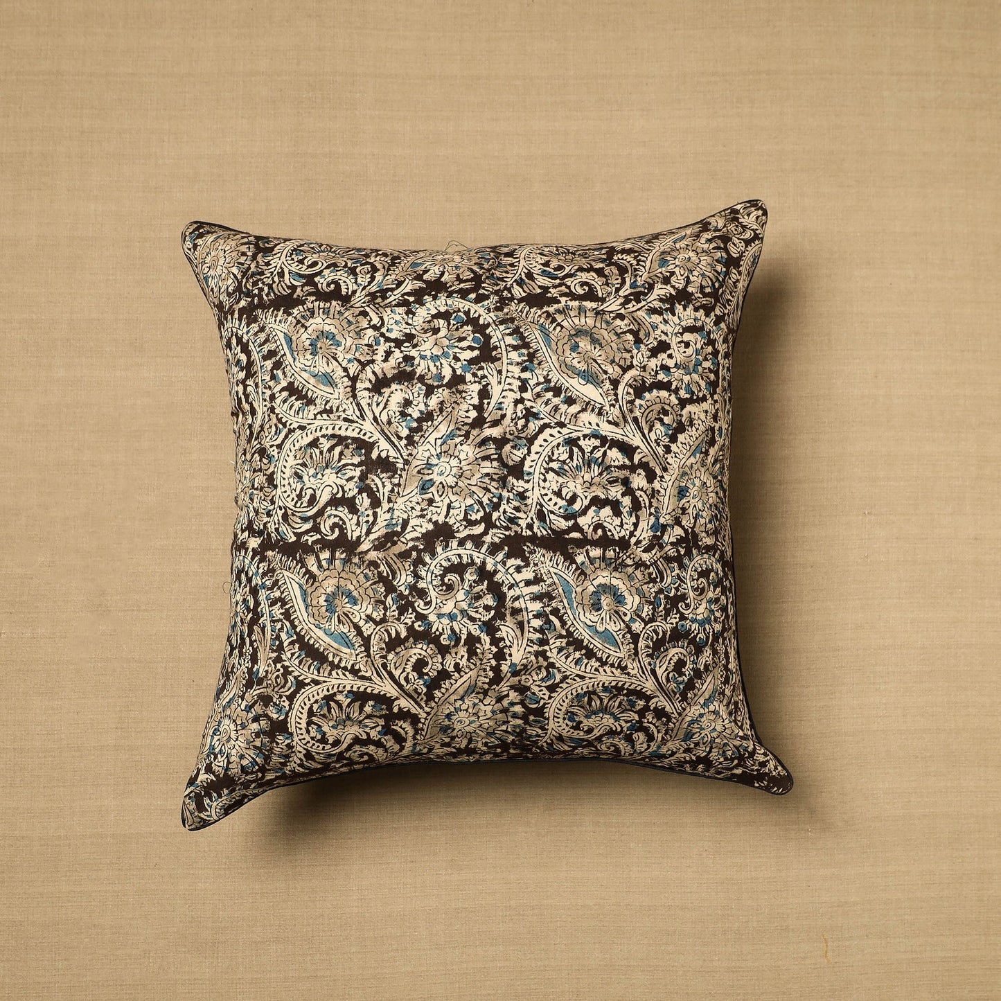 Black Block Print Cotton Kalamkari Cushion Cover