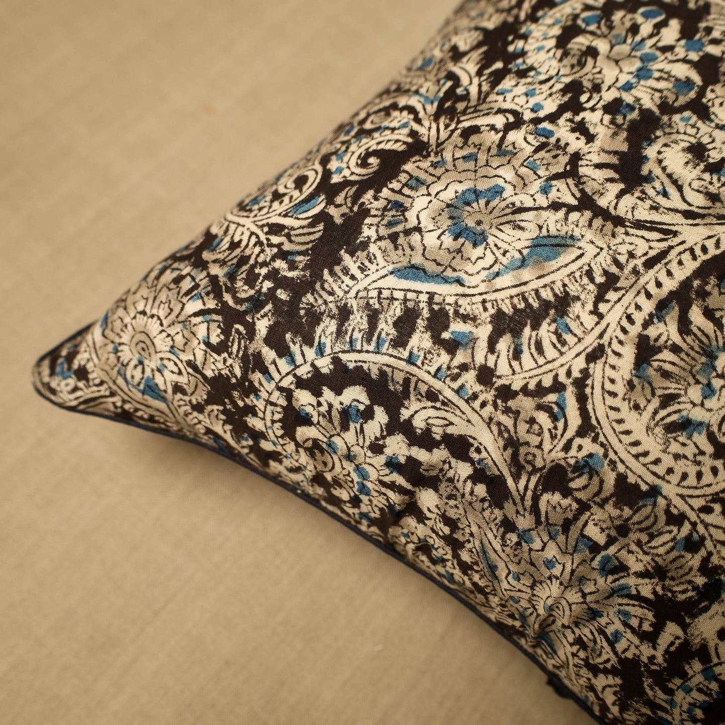 Black Block Print Cotton Kalamkari Cushion Cover