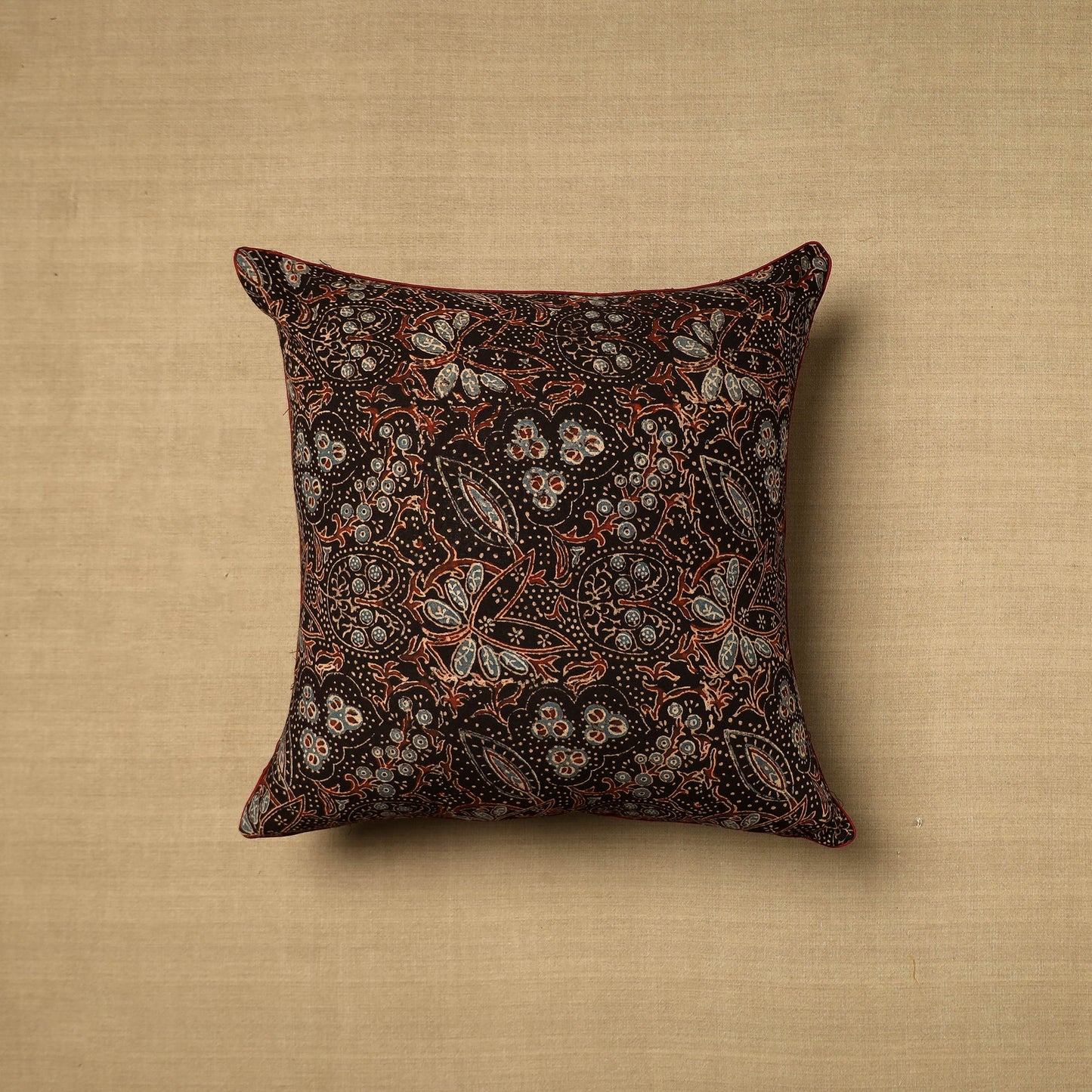 Black Block Print Cotton Kalamkari Cushion Cover
