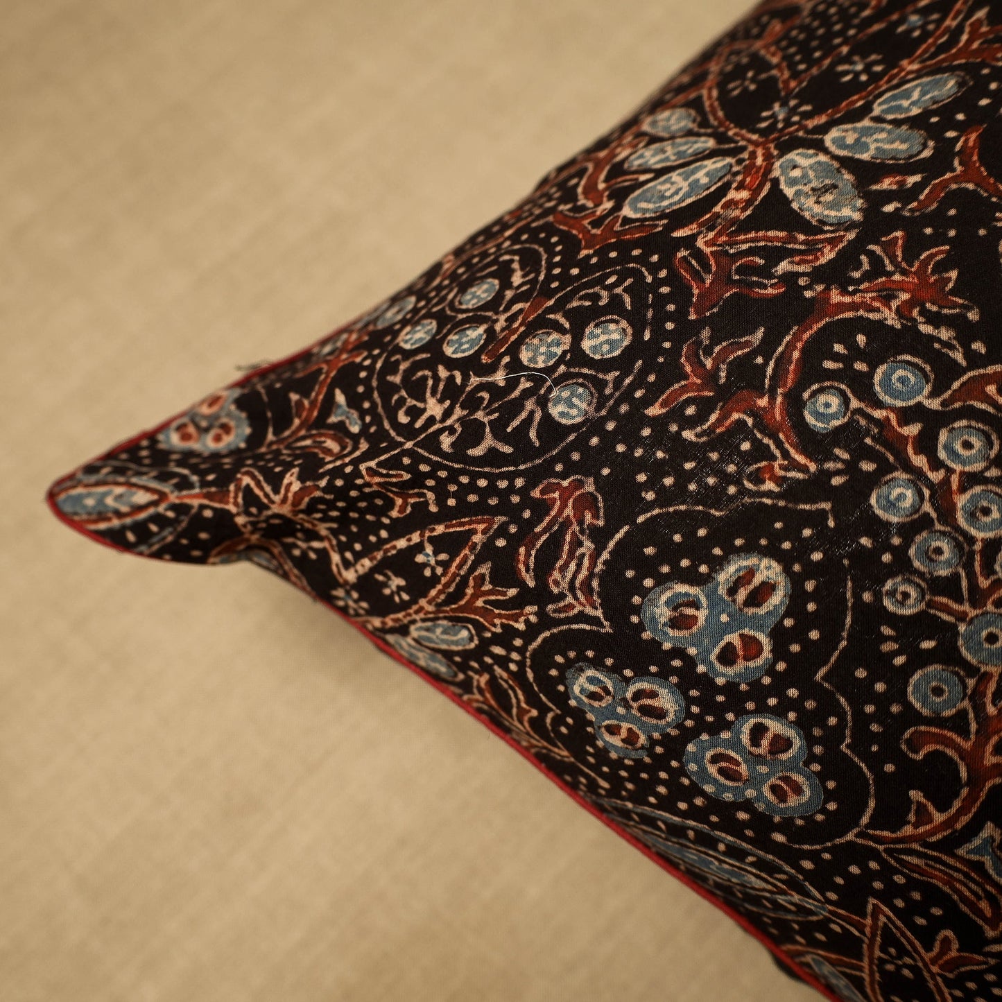 Black Block Print Cotton Kalamkari Cushion Cover