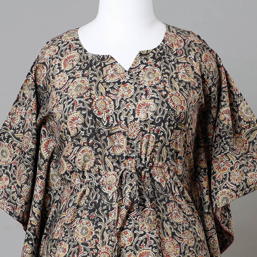 Black - Block Print Cotton Kalamkari Kaftan with Tie-Up Waist (Medium)