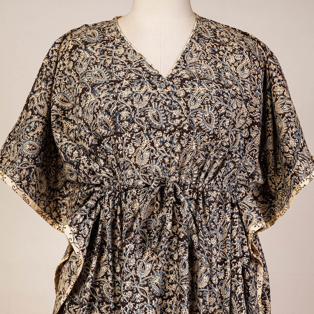 Black Block Print Cotton Kalamkari Kaftan with Tie-Up Waist