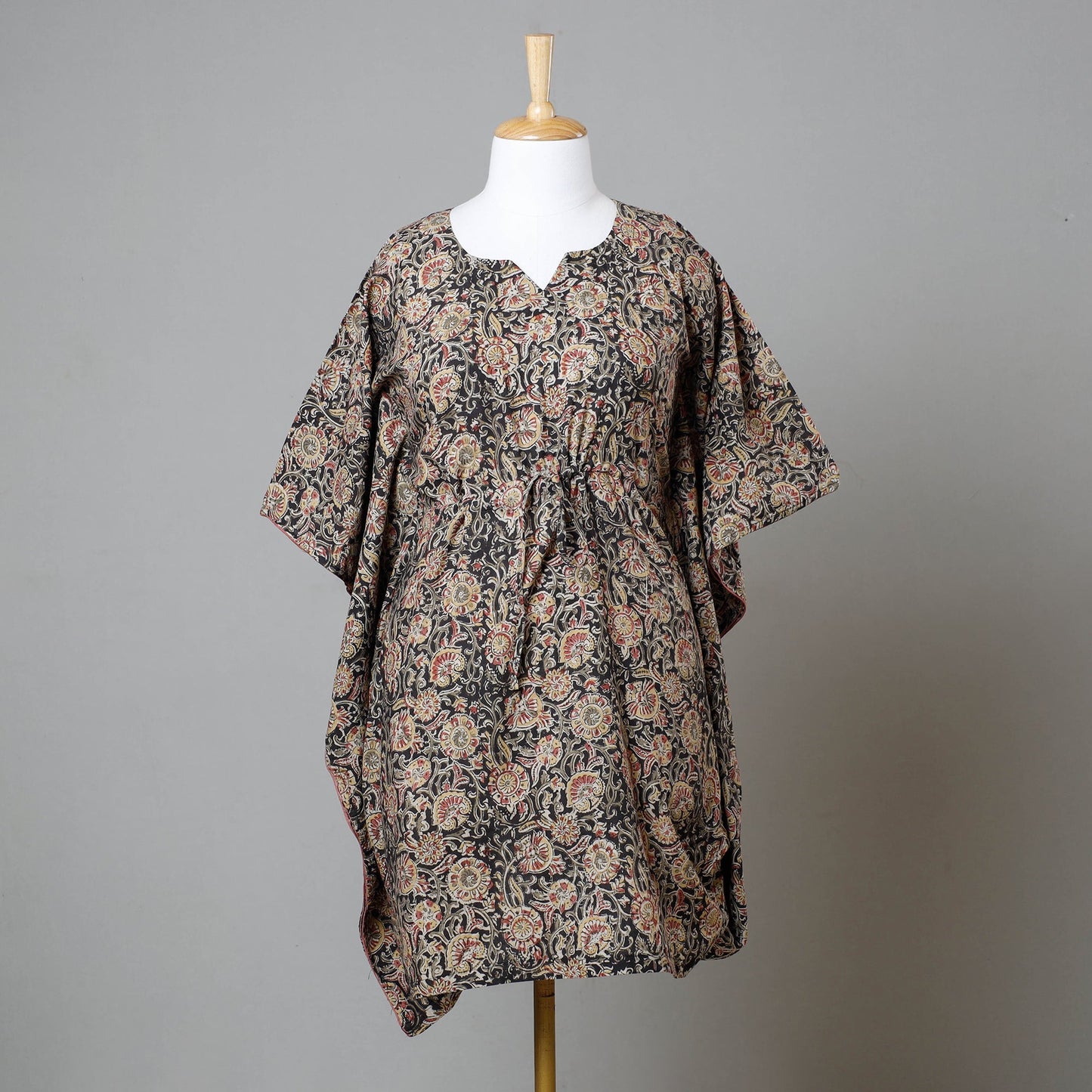 Black - Block Print Cotton Kalamkari Kaftan with Tie-Up Waist (Medium)