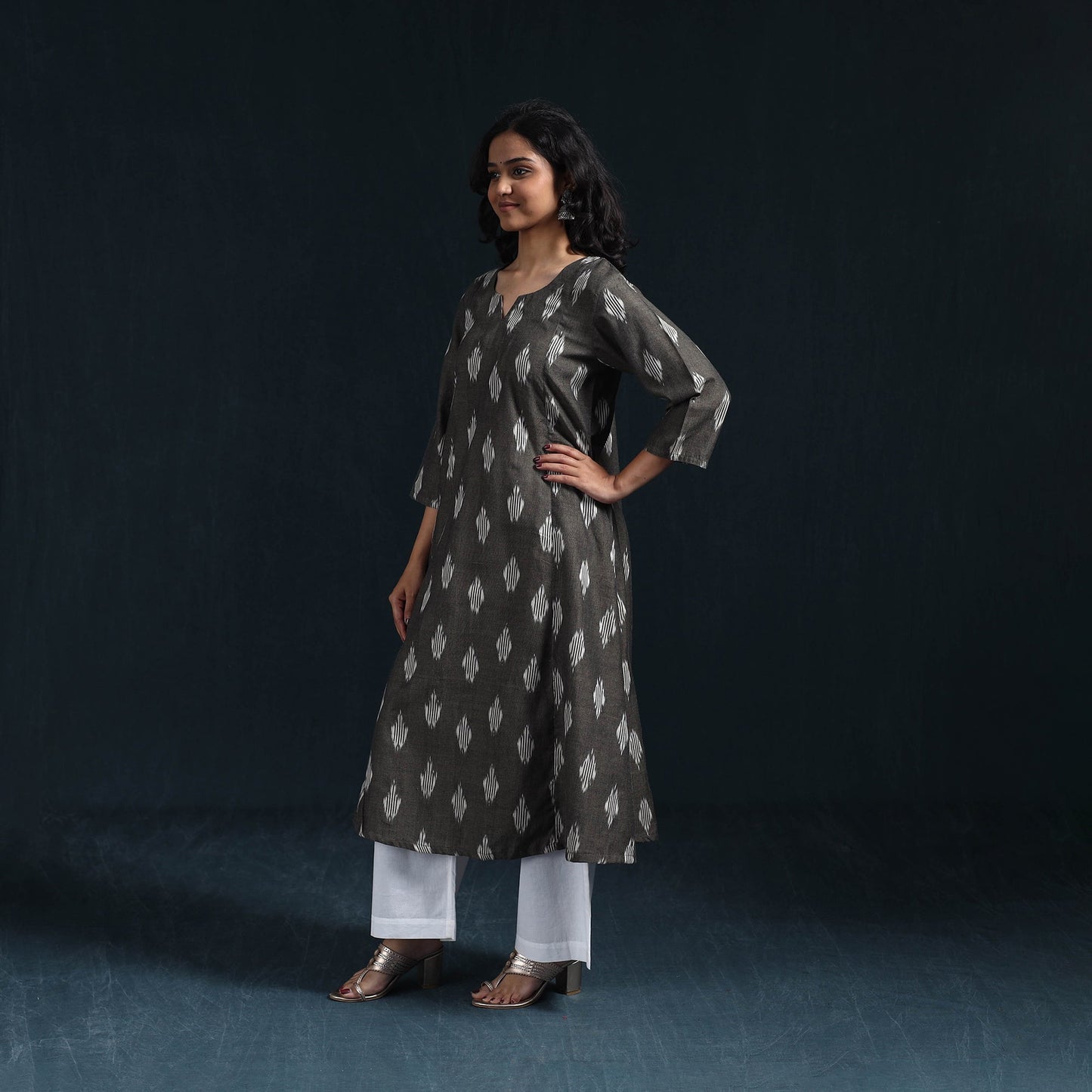 Cotton a-line pochampally ikat kurta for women 03