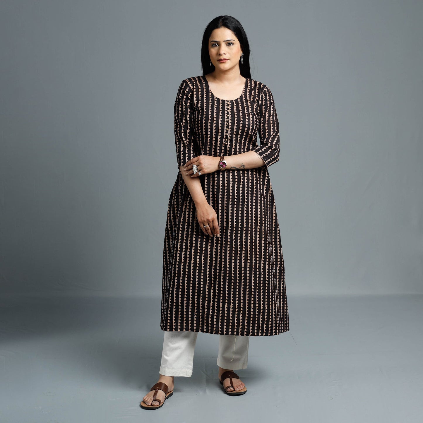 Ajrakh Block Printed Cotton Long Kurta for Women