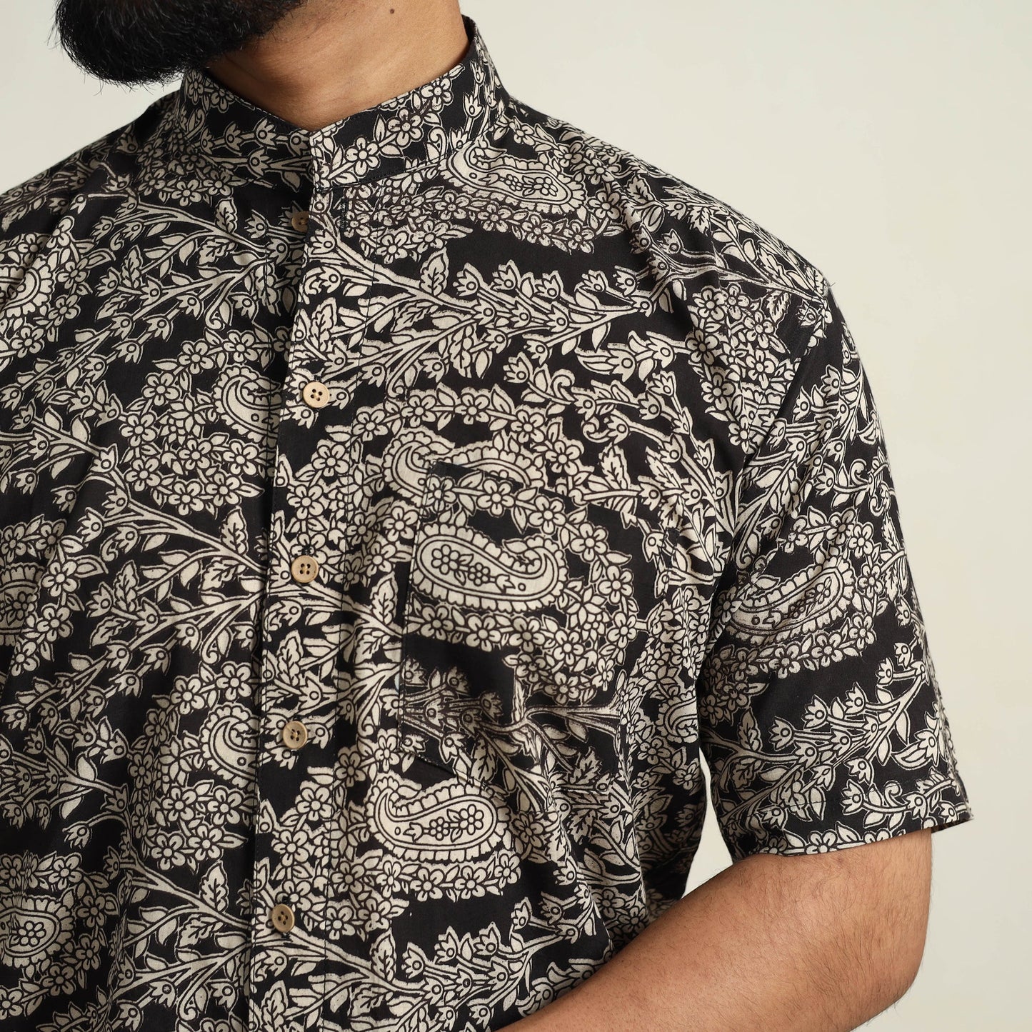 Black - Cotton Men Kalamkari Print Shirt 03