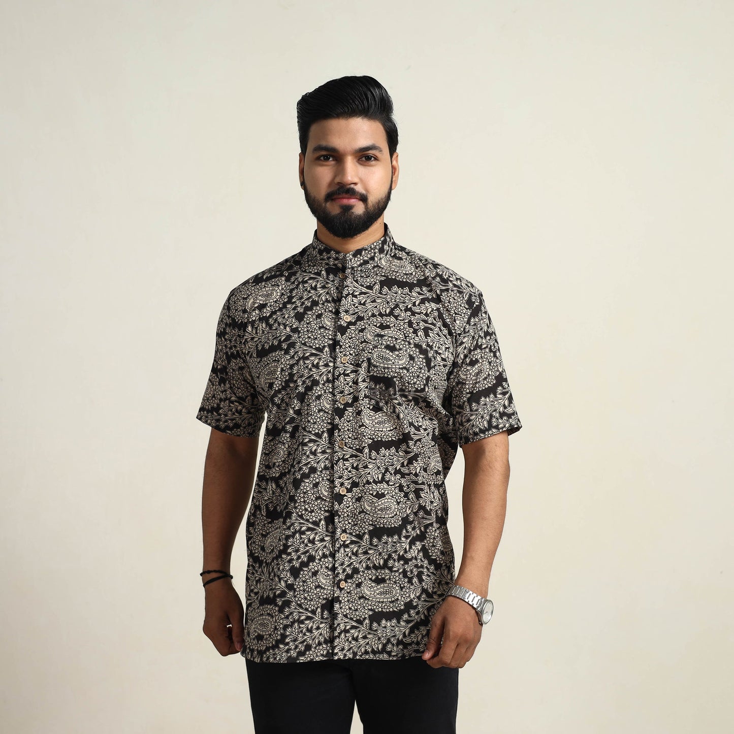 Black - Cotton Men Kalamkari Print Shirt 03