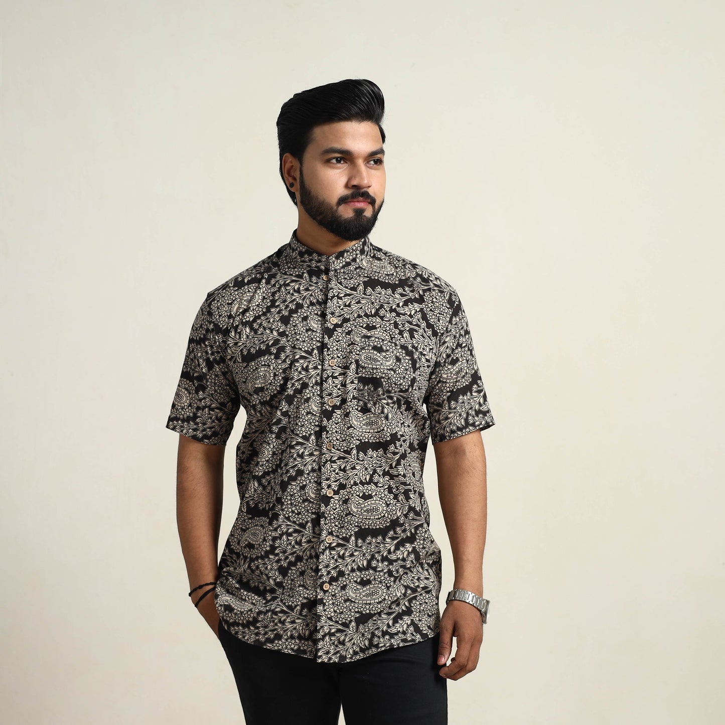 Black - Cotton Men Kalamkari Print Shirt 03