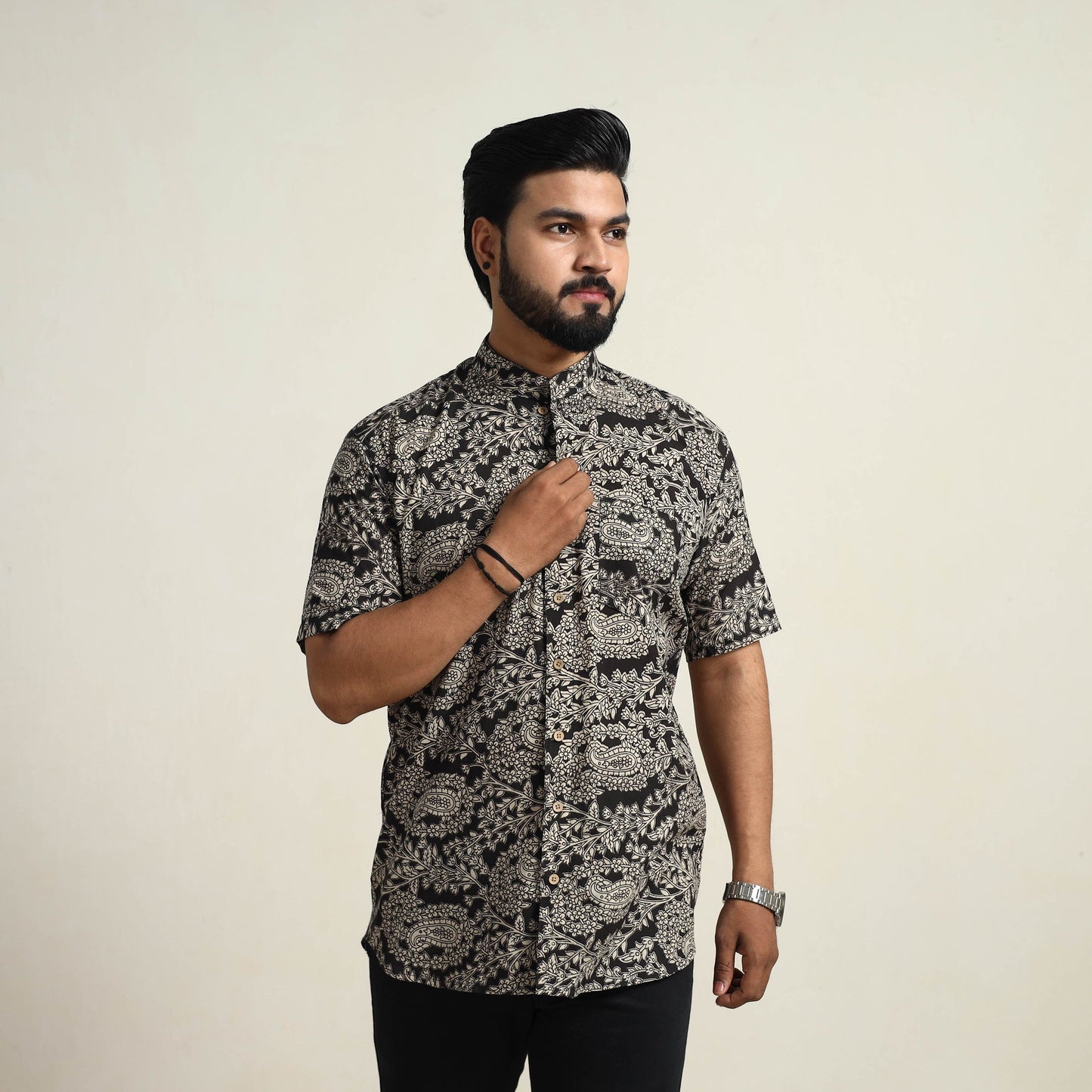 Black - Cotton Men Kalamkari Print Shirt 03
