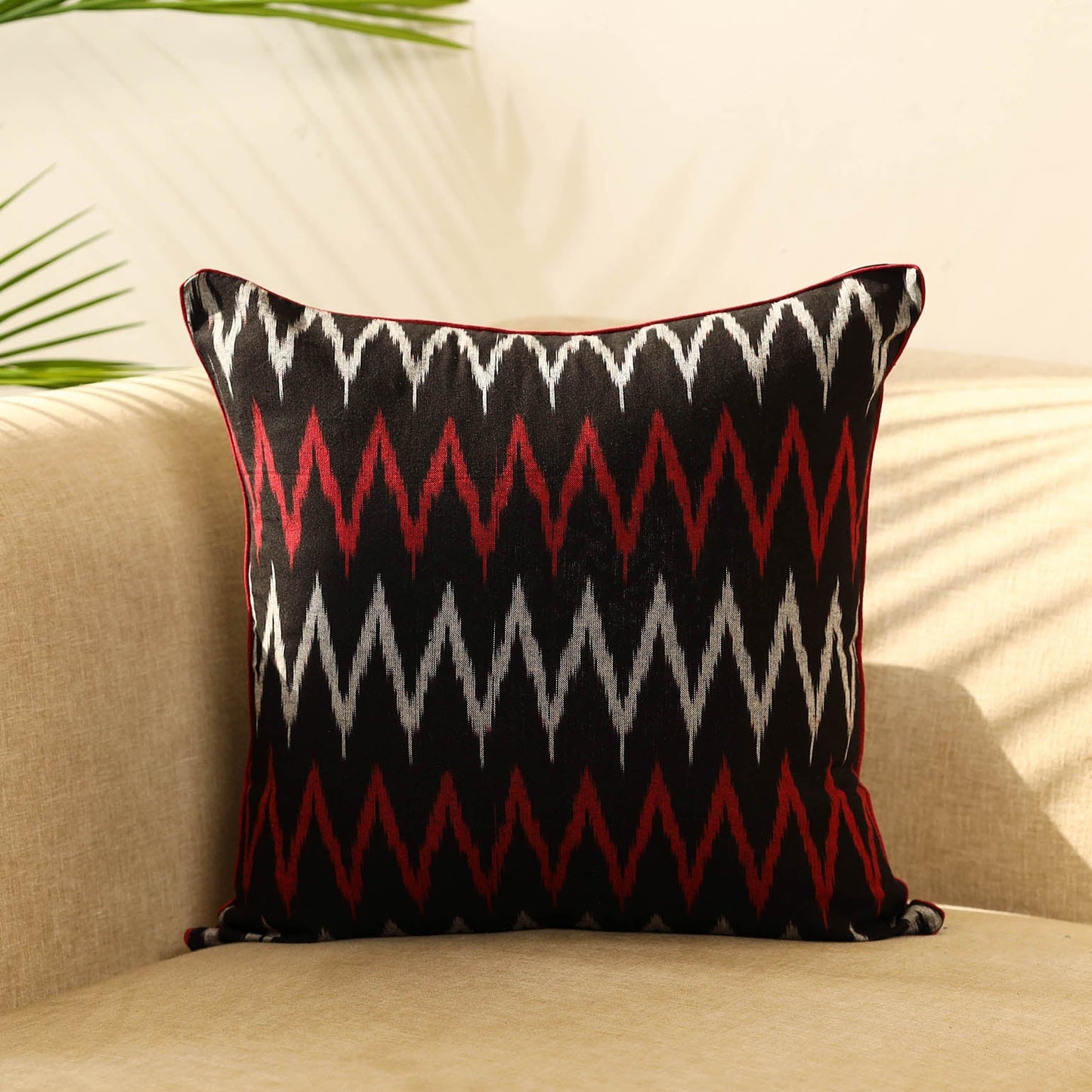 Black Cotton Pochampally Ikat Cushion Cover