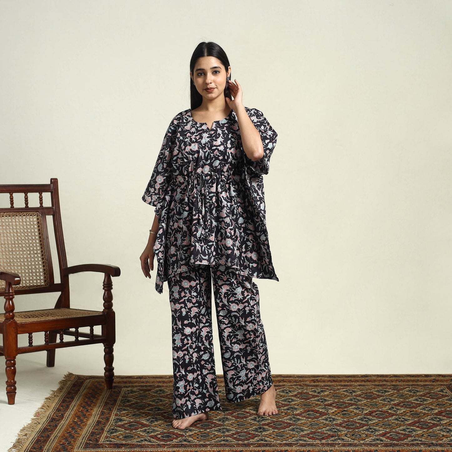 Cotton Black Sanganeri Block Print Night Suit Set