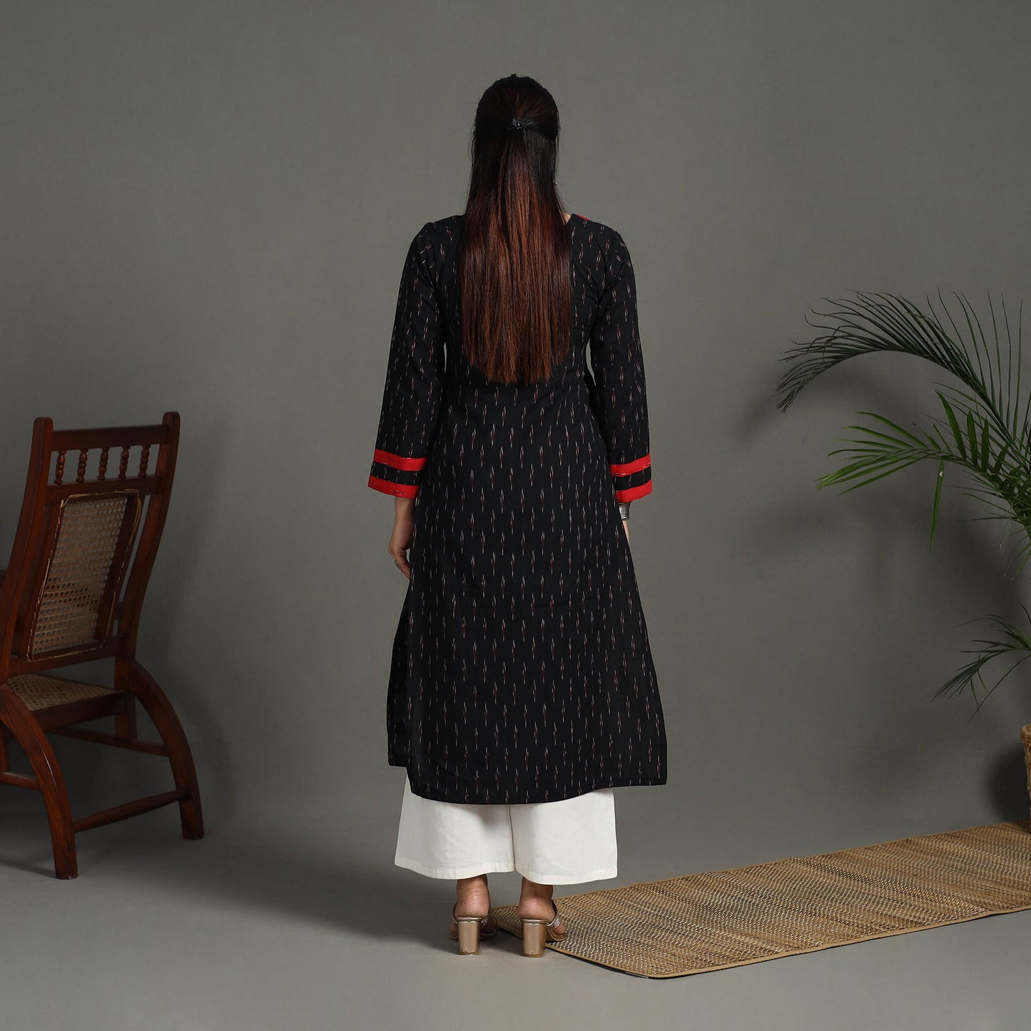 Black Cotton Straight Pochampally Ikat Kurta for Women