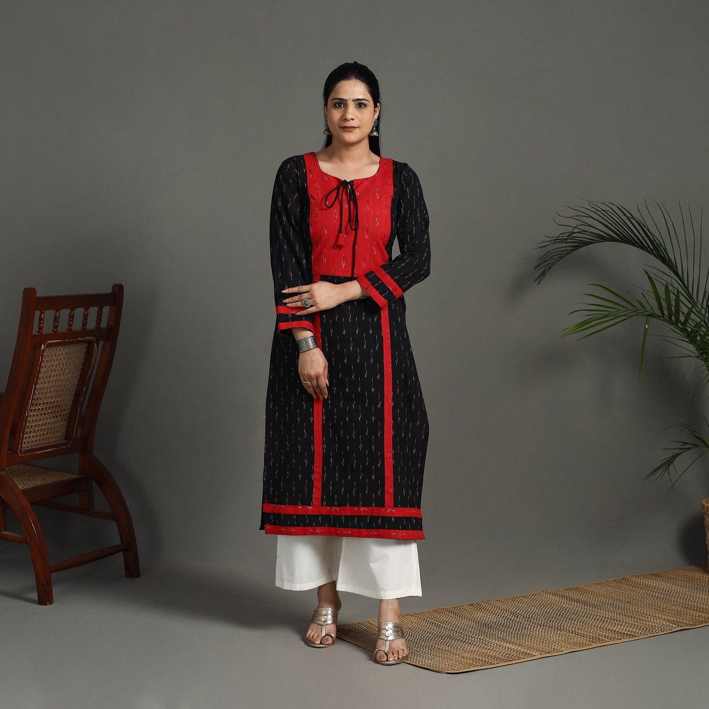 Black Cotton Straight Pochampally Ikat Kurta for Women