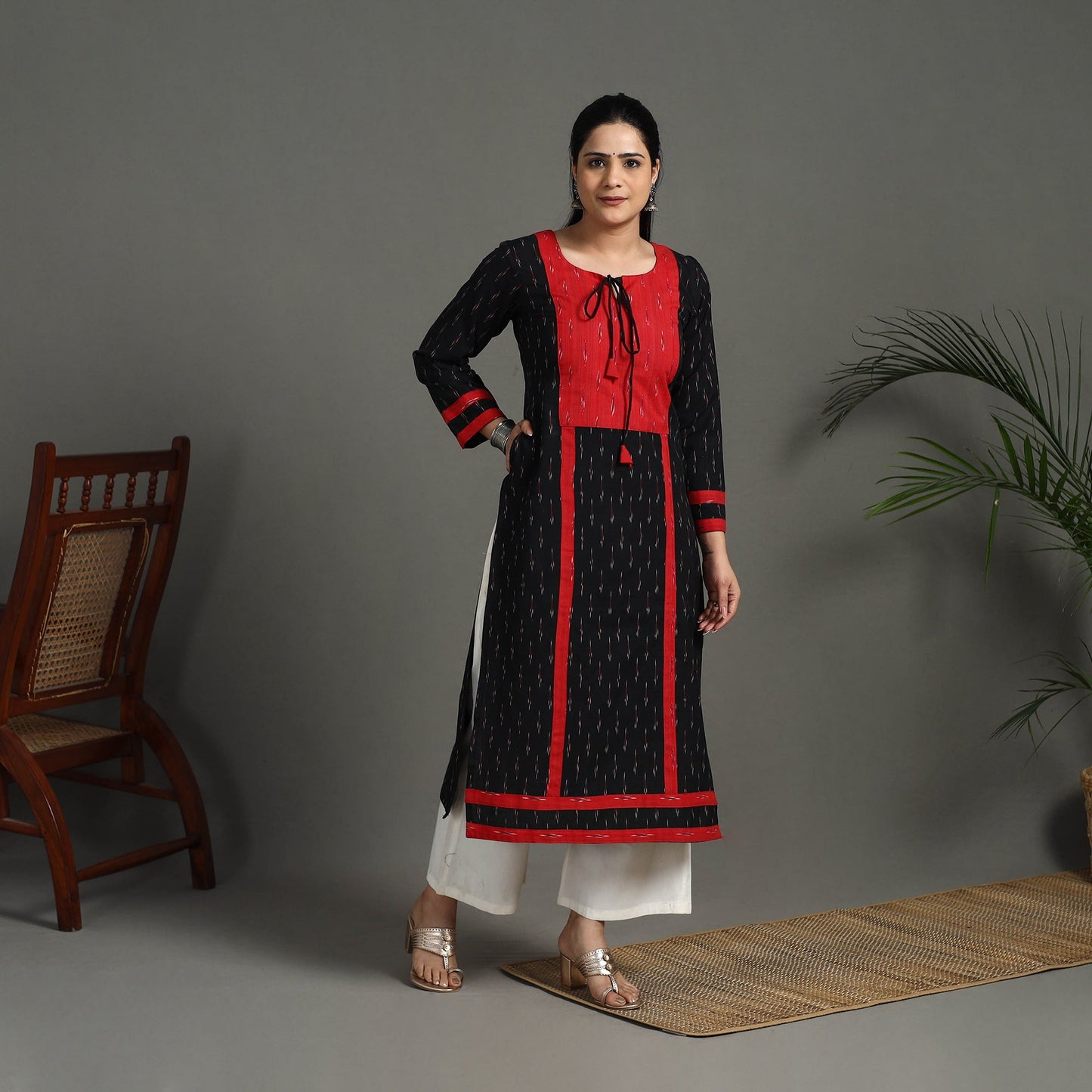Black Cotton Straight Pochampally Ikat Kurta for Women