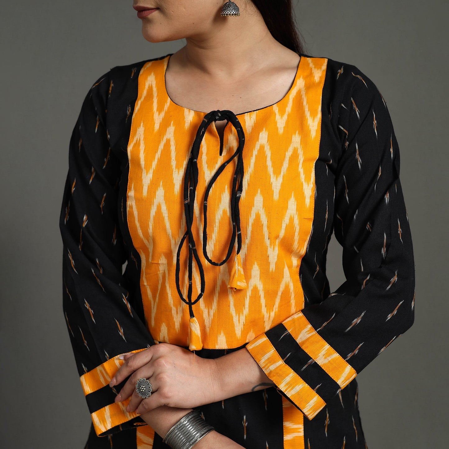 Black Cotton Straight Pochampally Ikat Kurta for Women