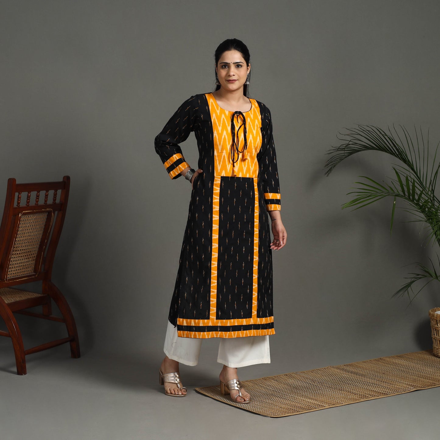 Black Cotton Straight Pochampally Ikat Kurta for Women