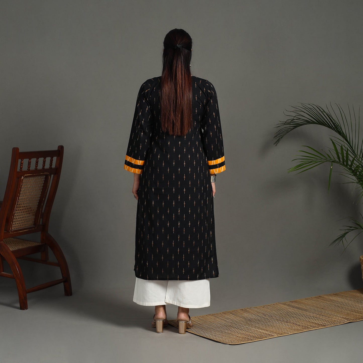 Black Cotton Straight Pochampally Ikat Kurta for Women