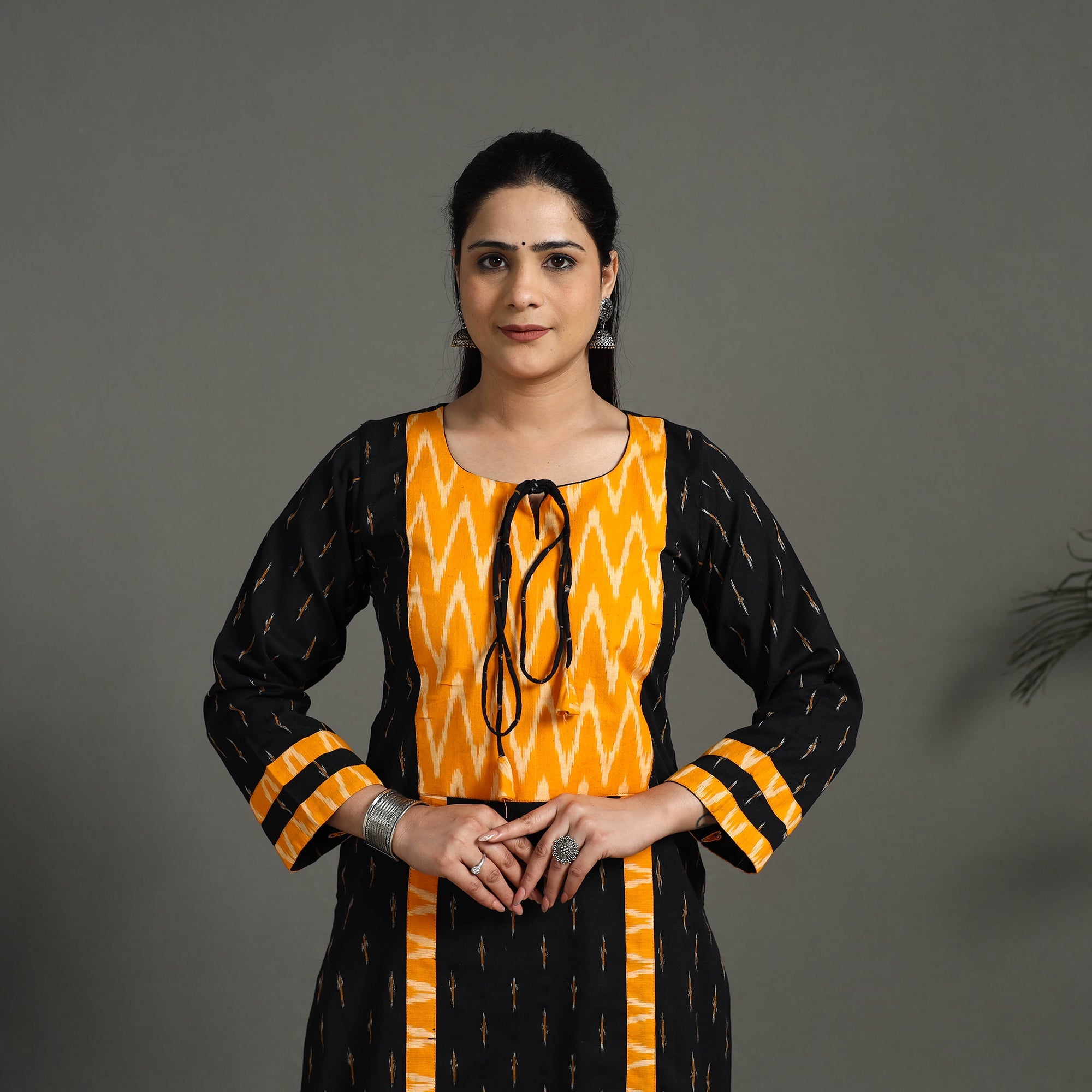 Black - Cotton Straight Pochampally Ikat Long Kurta 02