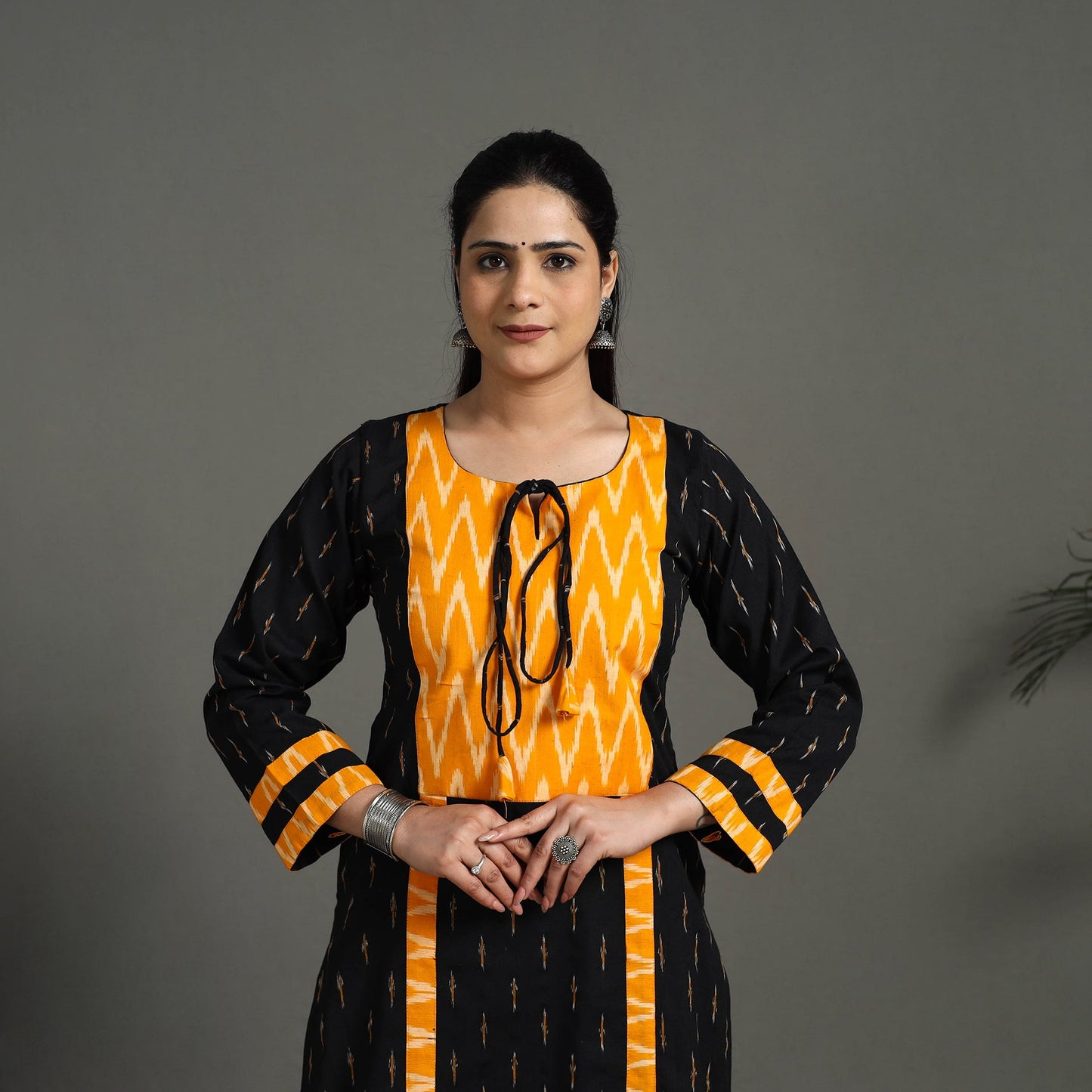 Black Cotton Straight Pochampally Ikat Kurta for Women