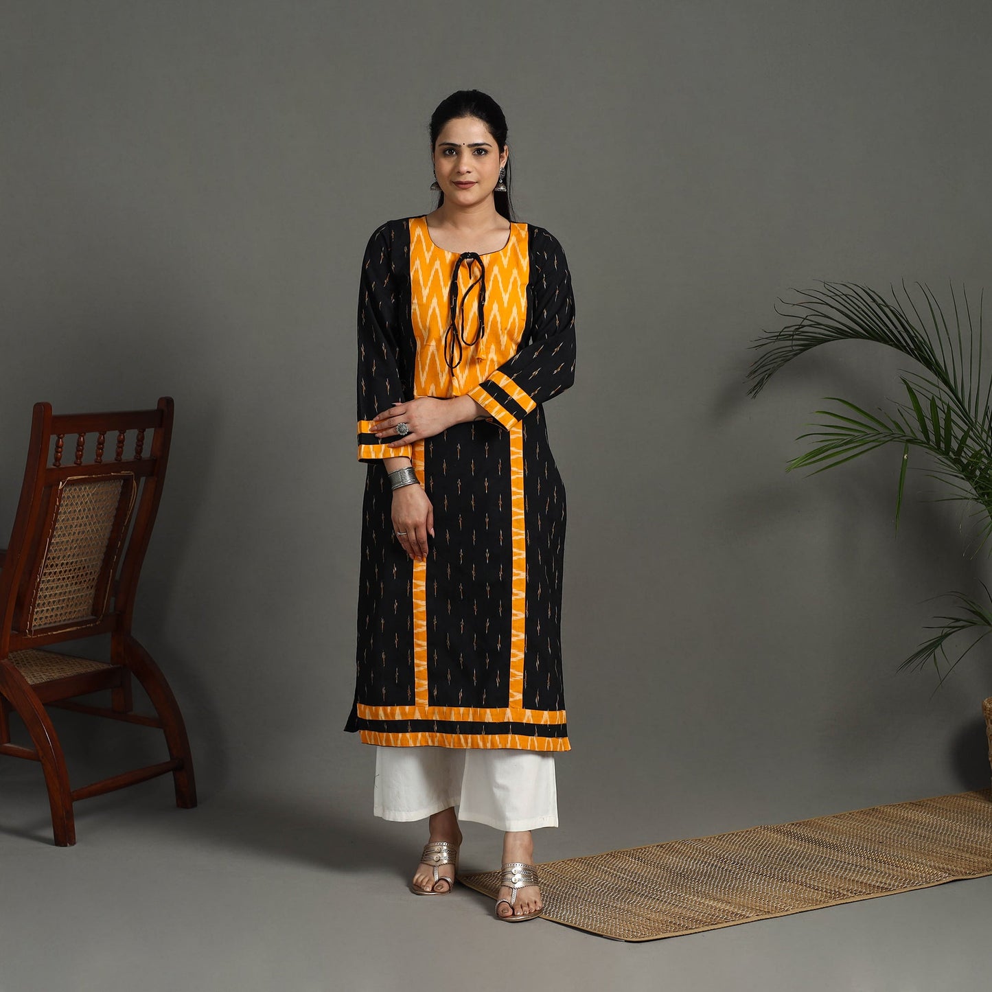 Black Cotton Straight Pochampally Ikat Kurta for Women