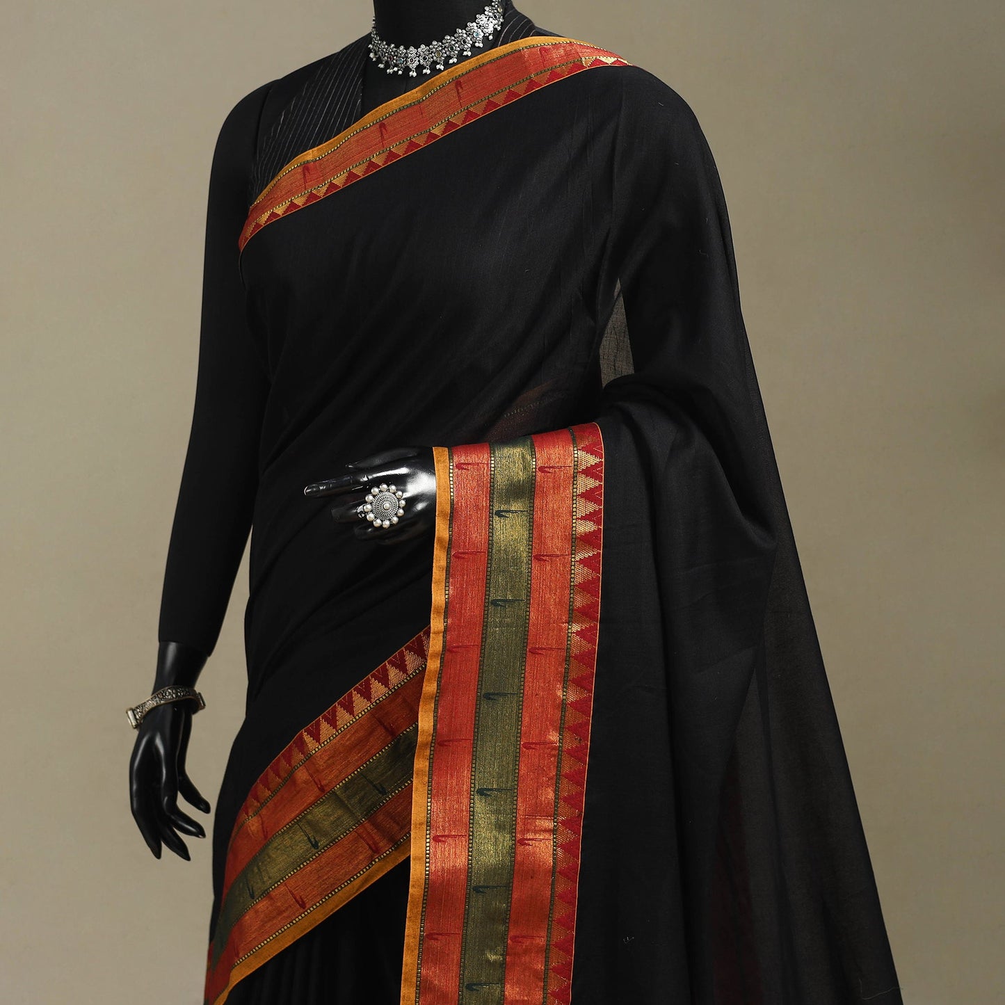 Black - dharwad cotton saree with border 32 - handcrafted