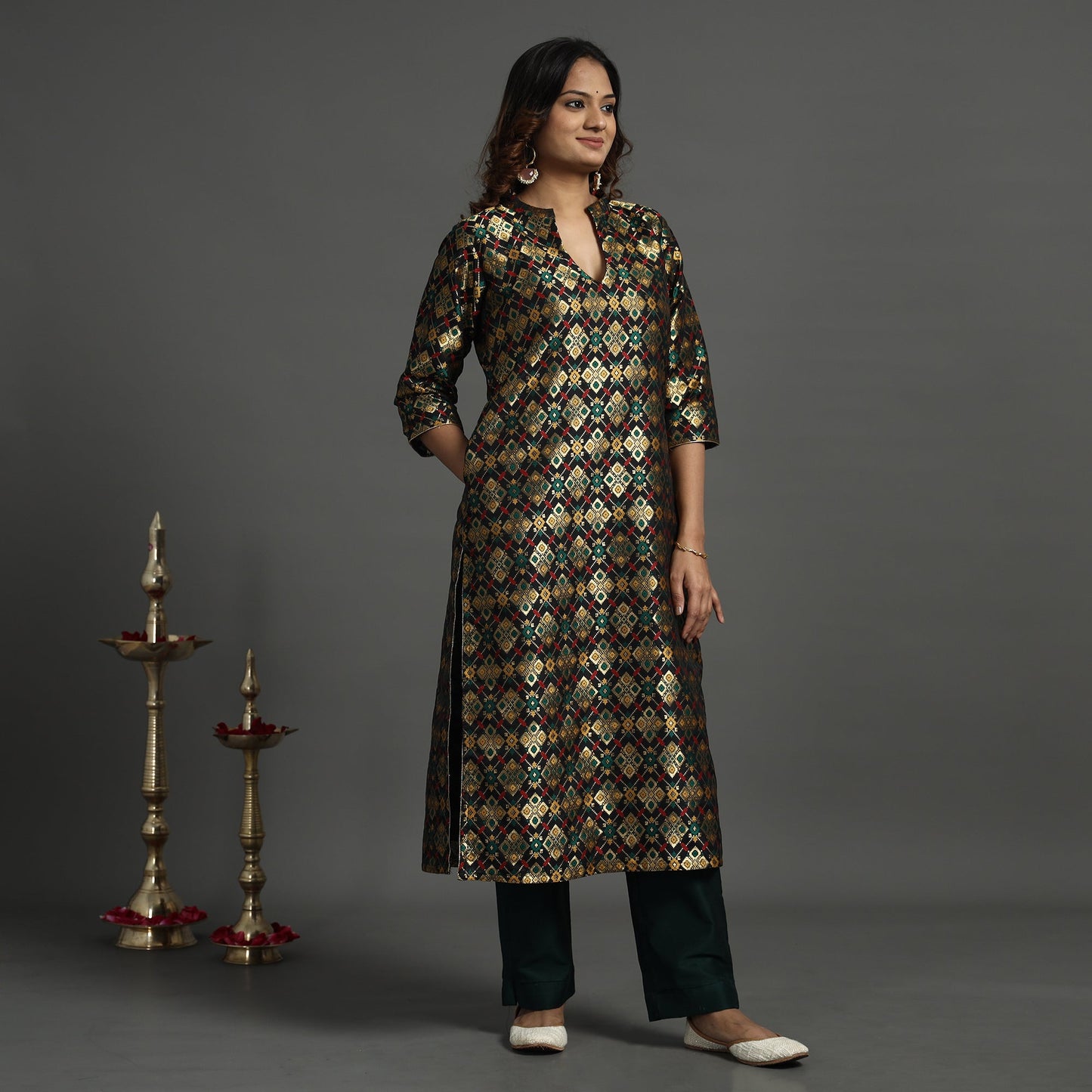 Black - elegant banarasi brocade silk kurta with pant set
