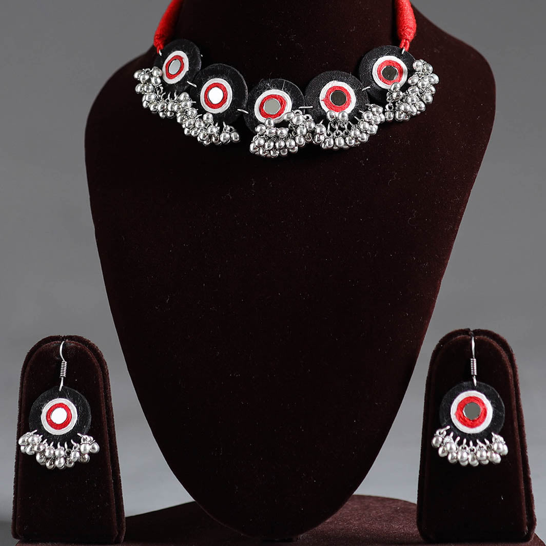 Fabart German Silver Mirror Work Choker Necklace Set