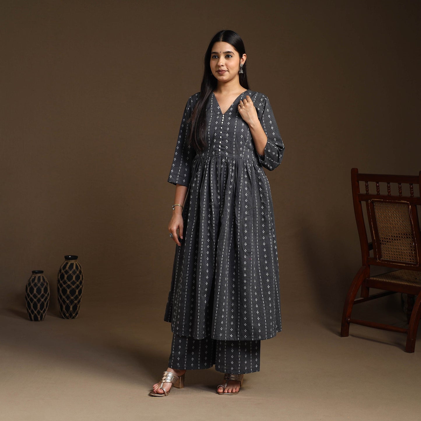 Black Flared Cotton Jacquard Kurta with Palazzo Set
