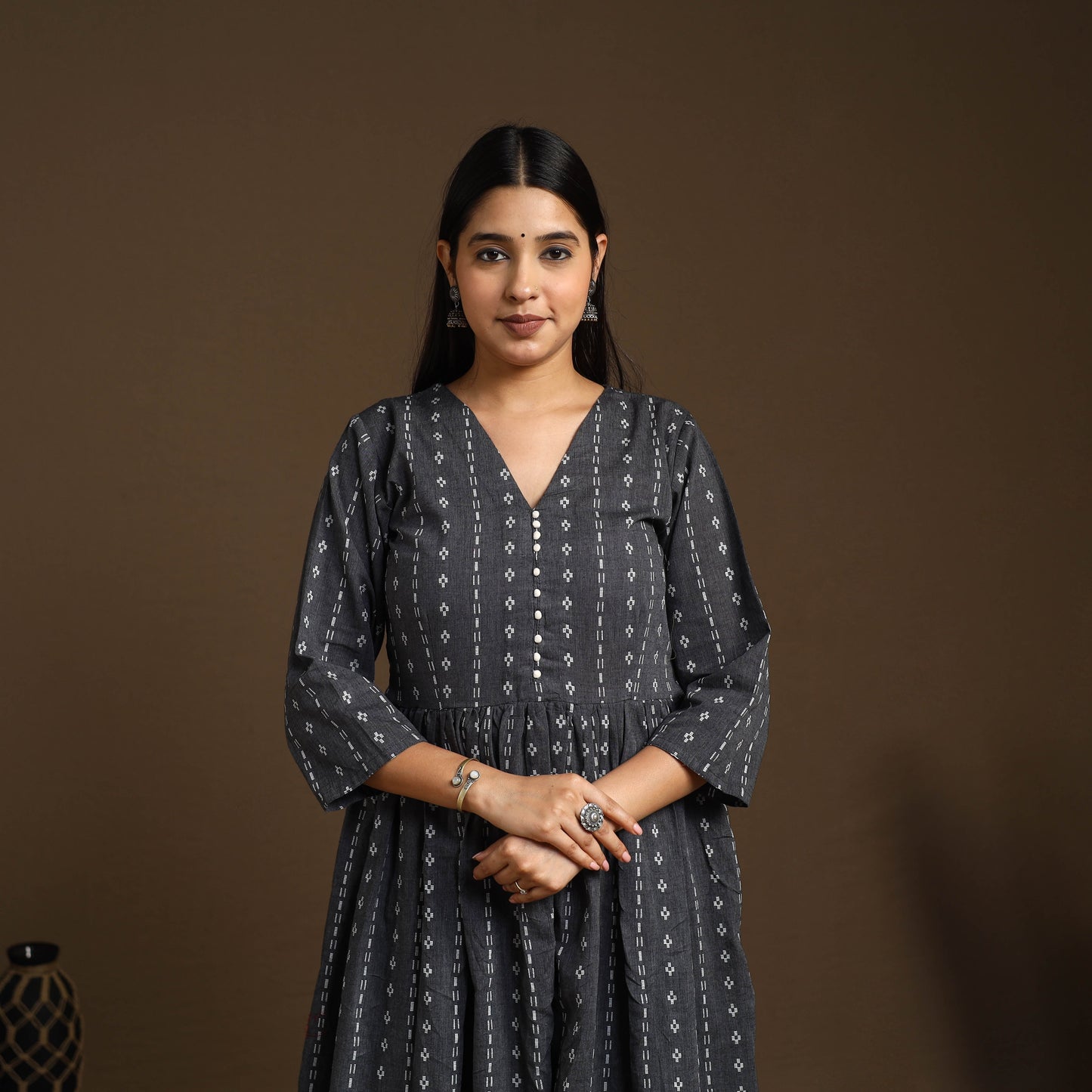 Black Flared Cotton Jacquard Kurta with Palazzo Set