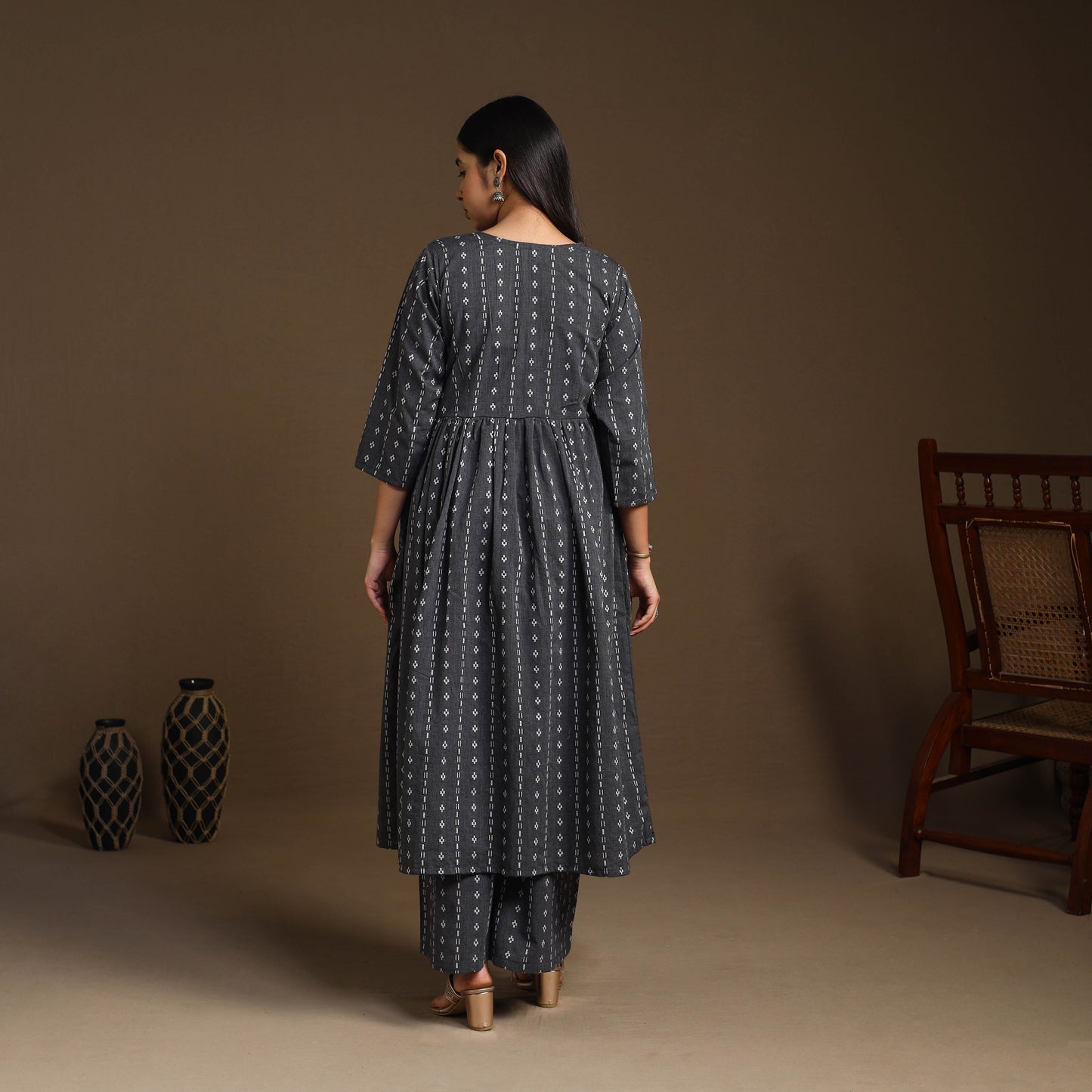 Black Flared Cotton Jacquard Kurta with Palazzo Set
