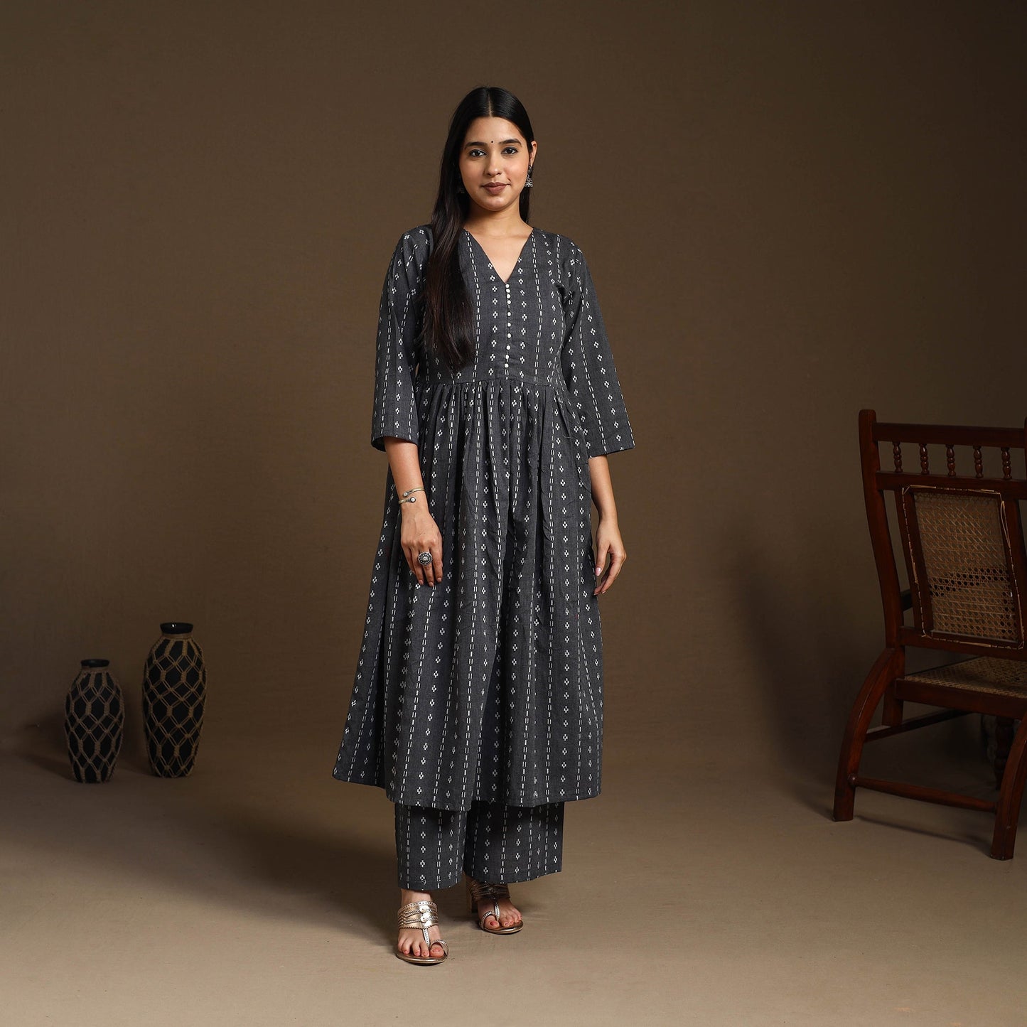Black Flared Cotton Jacquard Kurta with Palazzo Set