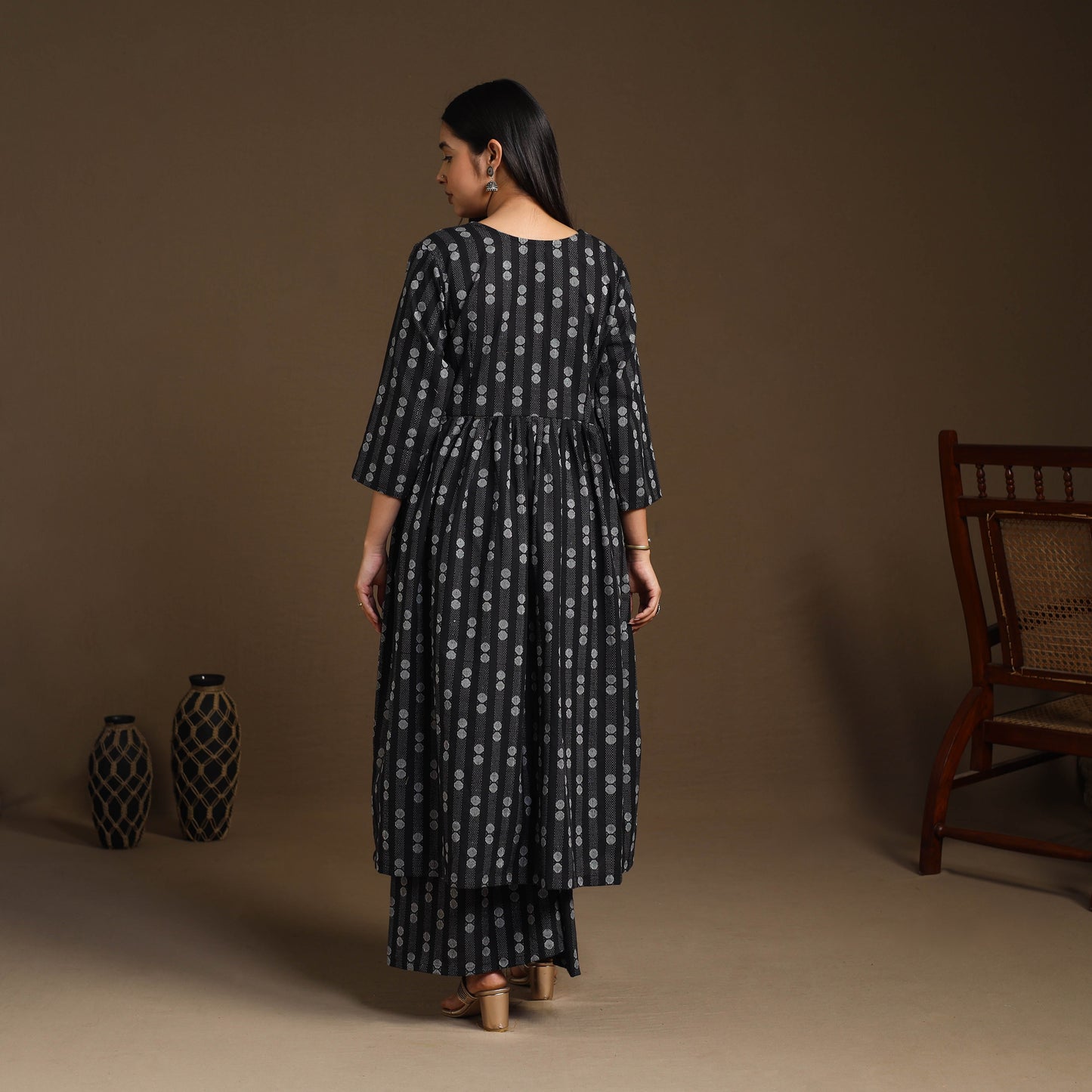 Black Flared Cotton Jacquard Kurta with Palazzo Set