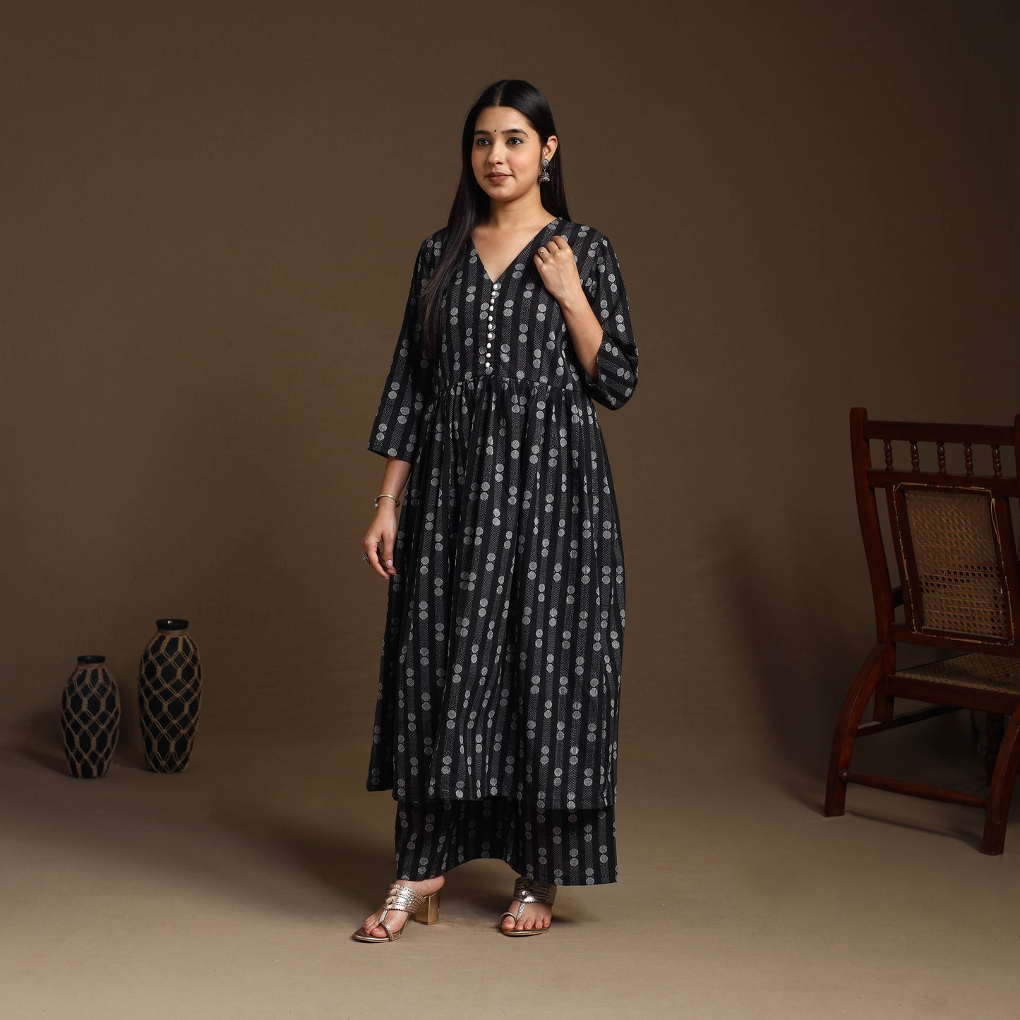 Black Flared Cotton Jacquard Kurta with Palazzo Set