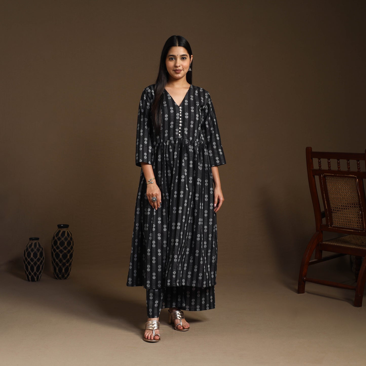 Black Flared Cotton Jacquard Kurta with Palazzo Set