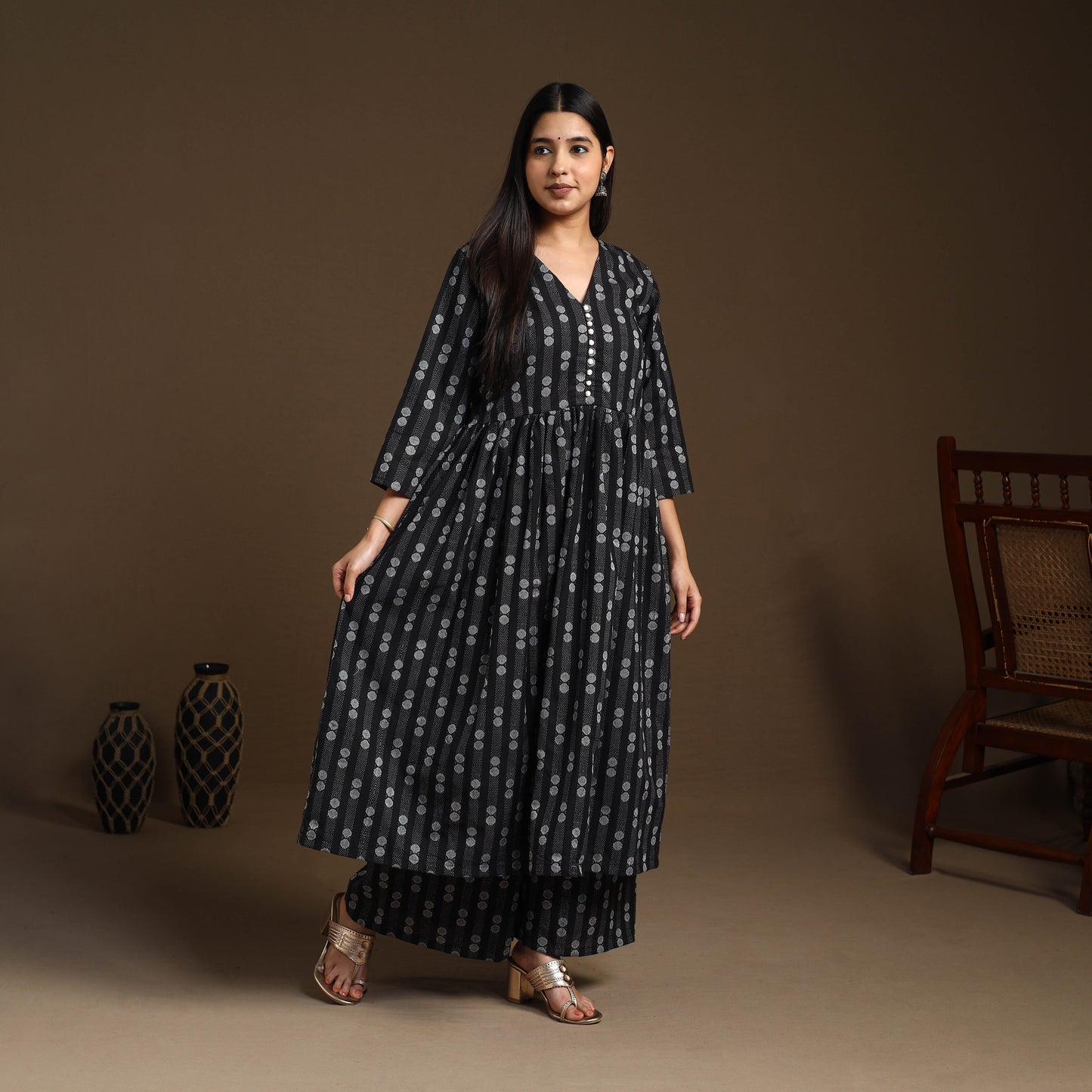 Black Flared Cotton Jacquard Kurta with Palazzo Set