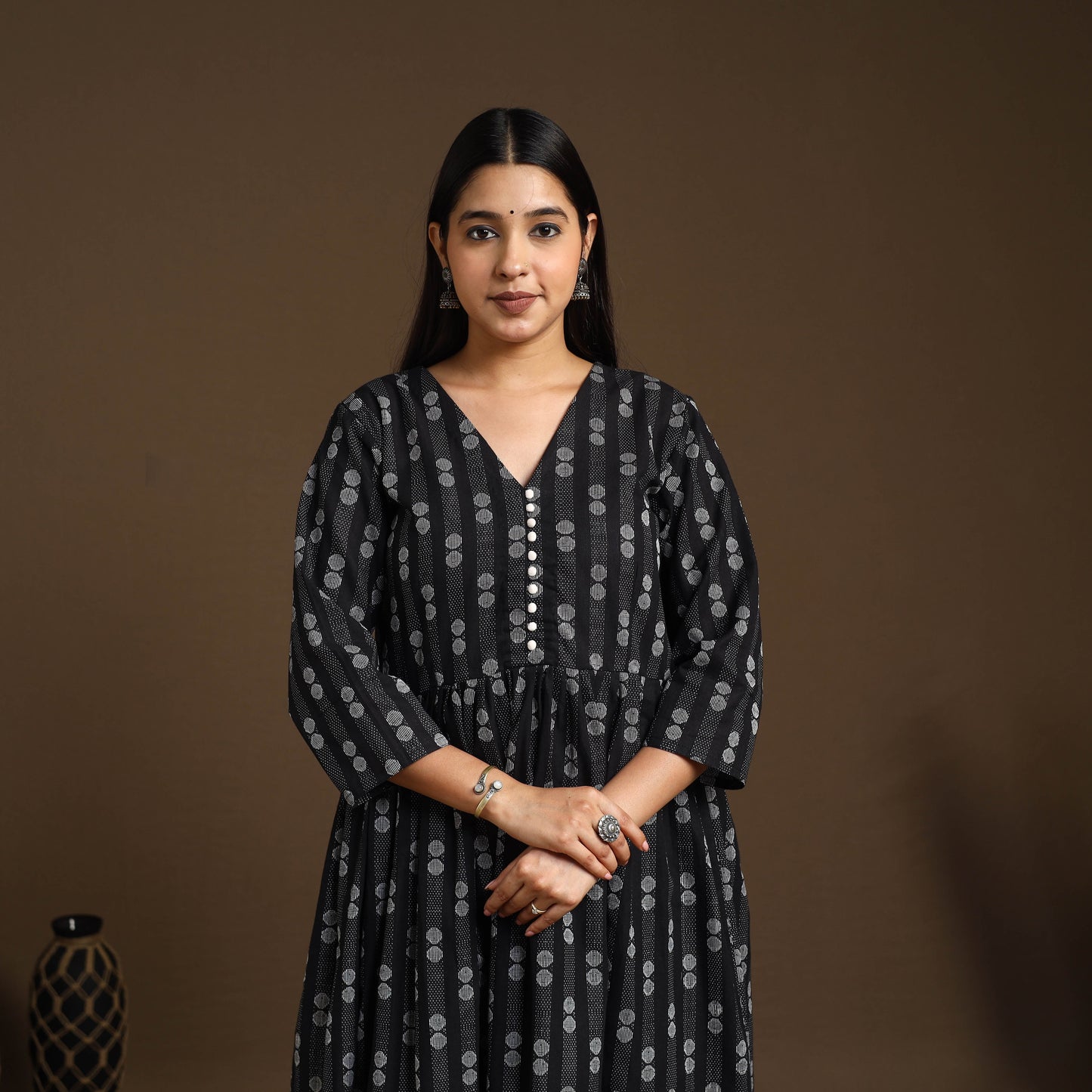 Black Flared Cotton Jacquard Kurta with Palazzo Set
