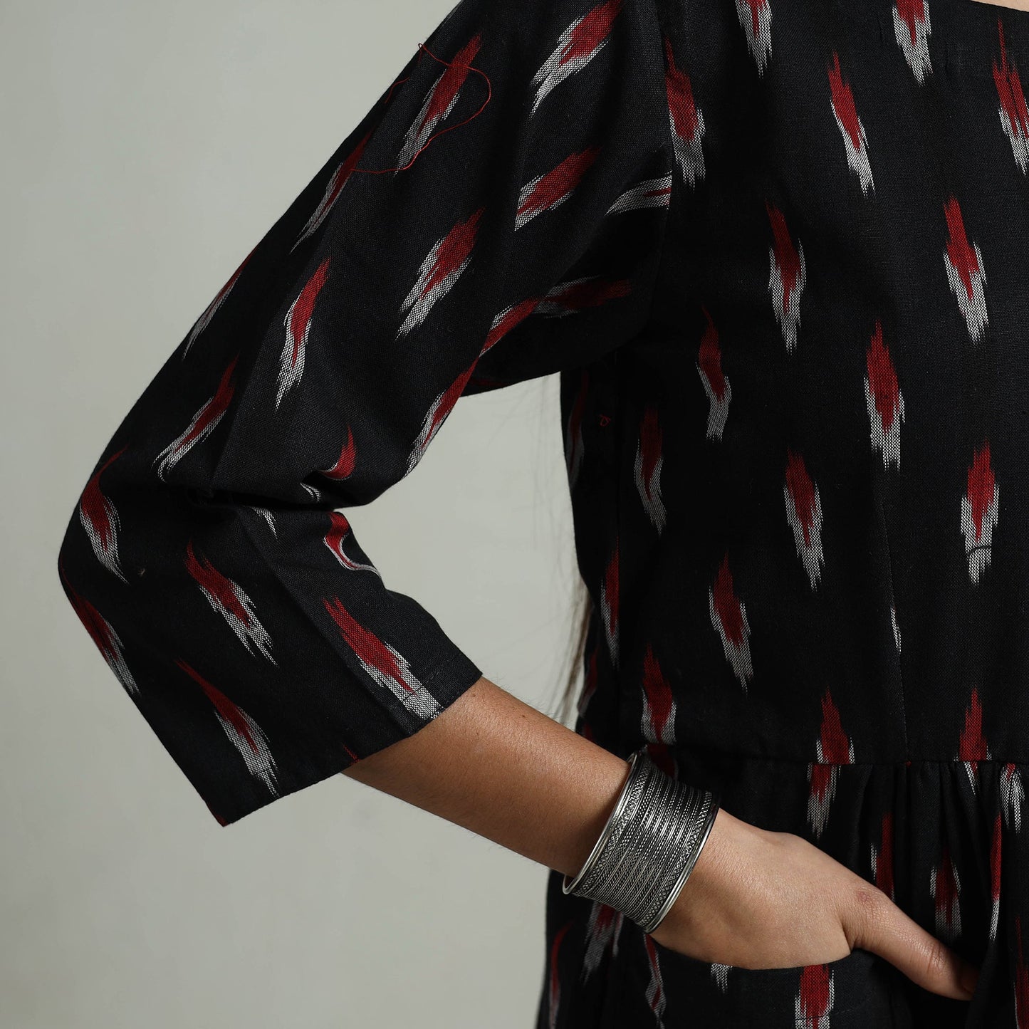 Black Flared Cotton Pochampally Ikat Dress