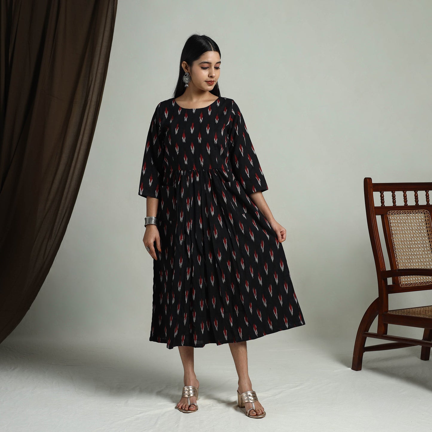 Black Flared Cotton Pochampally Ikat Dress