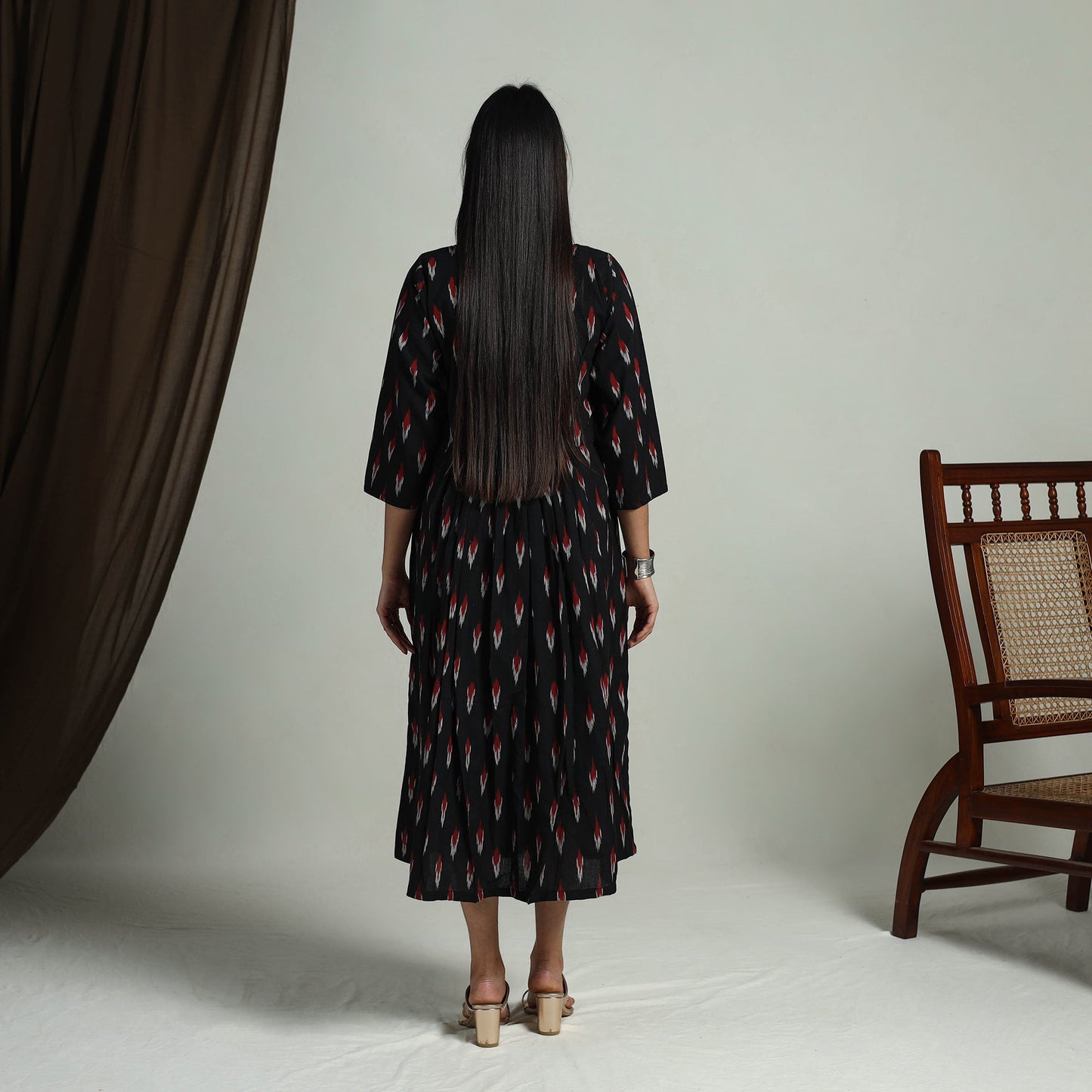 Black Flared Cotton Pochampally Ikat Dress