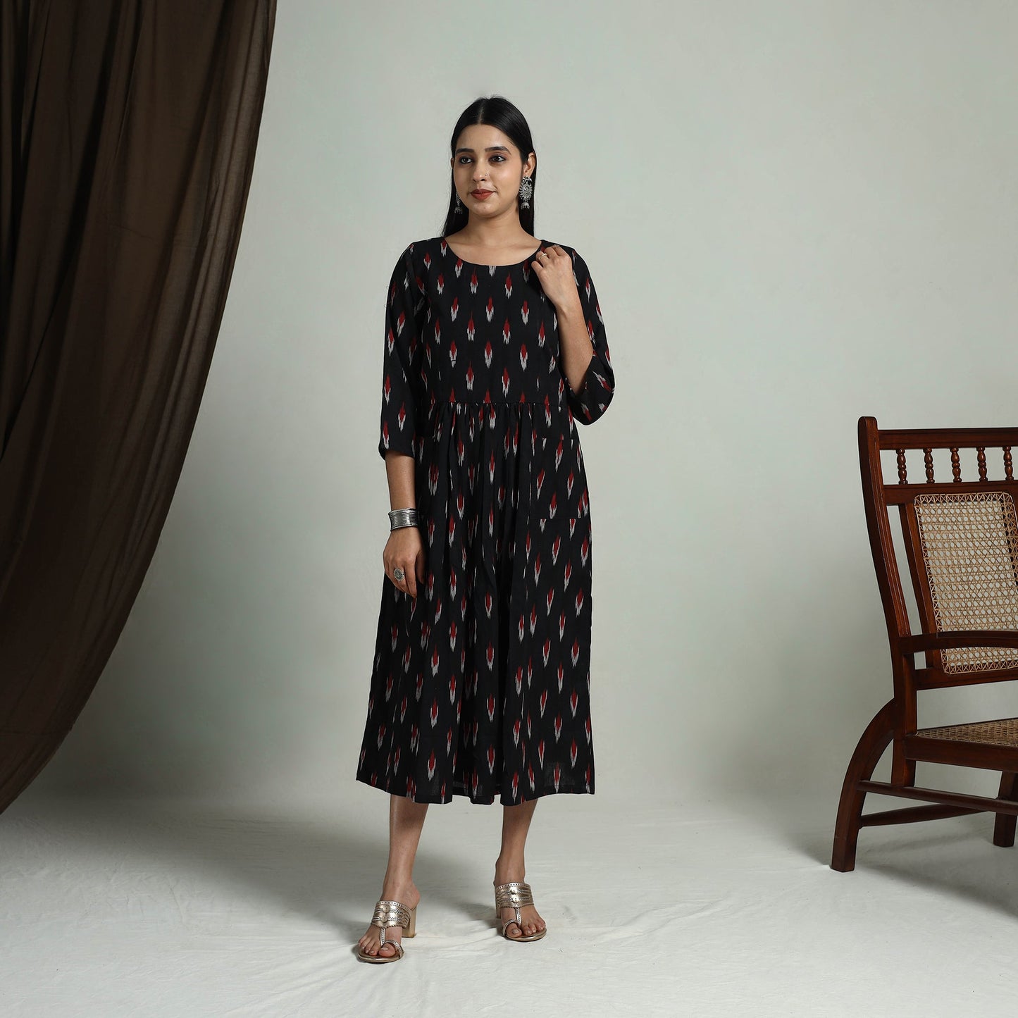 Black Flared Cotton Pochampally Ikat Dress