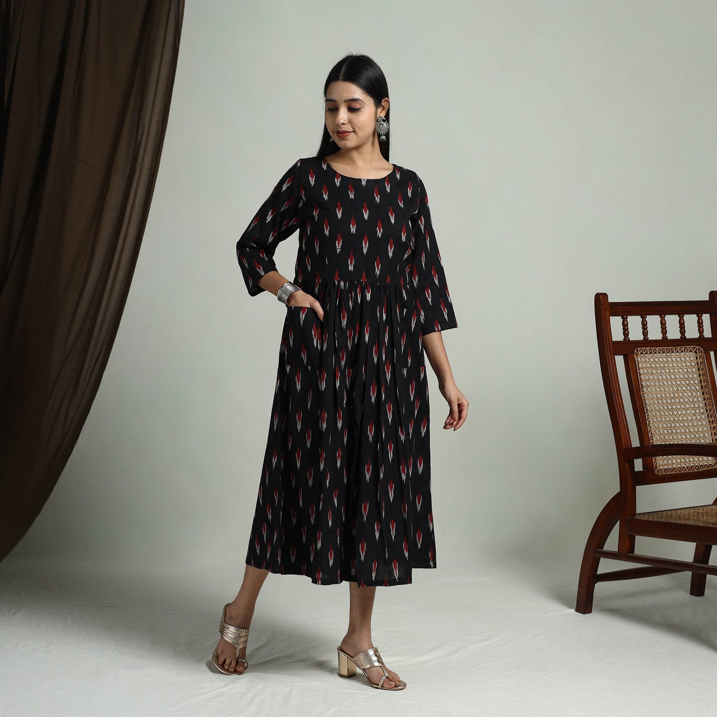 Black Flared Cotton Pochampally Ikat Dress