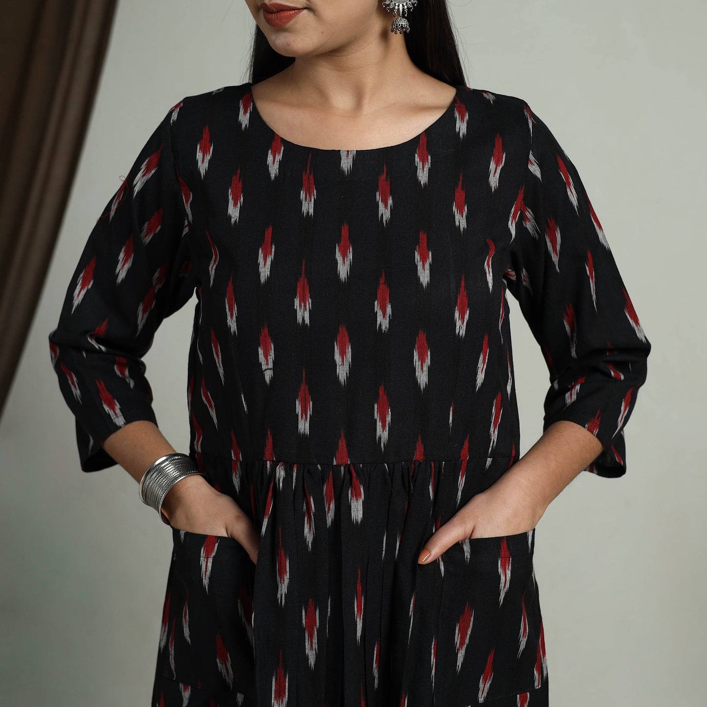 Black Flared Cotton Pochampally Ikat Dress
