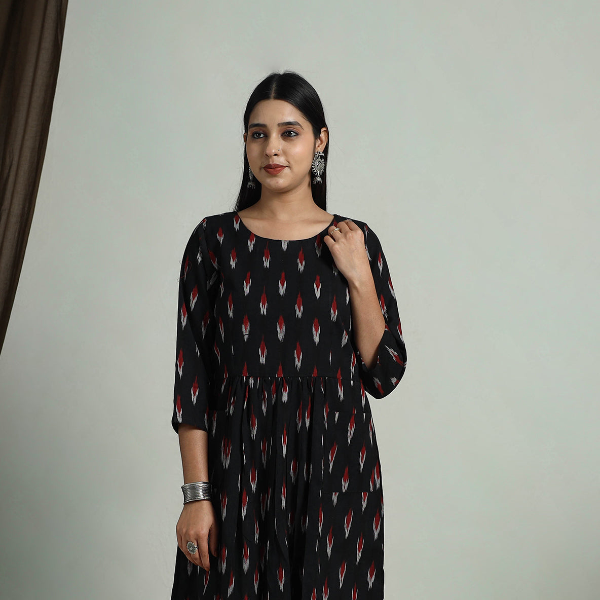 Black Flared Cotton Pochampally Ikat Dress