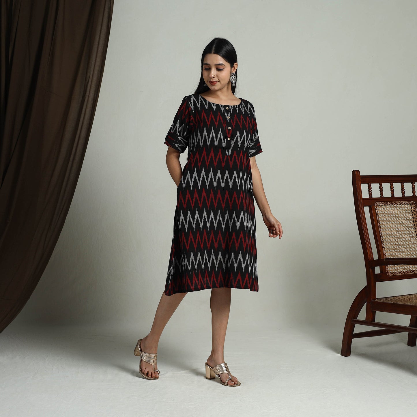 Black Flared Cotton Short Pochampally Ikat Dress