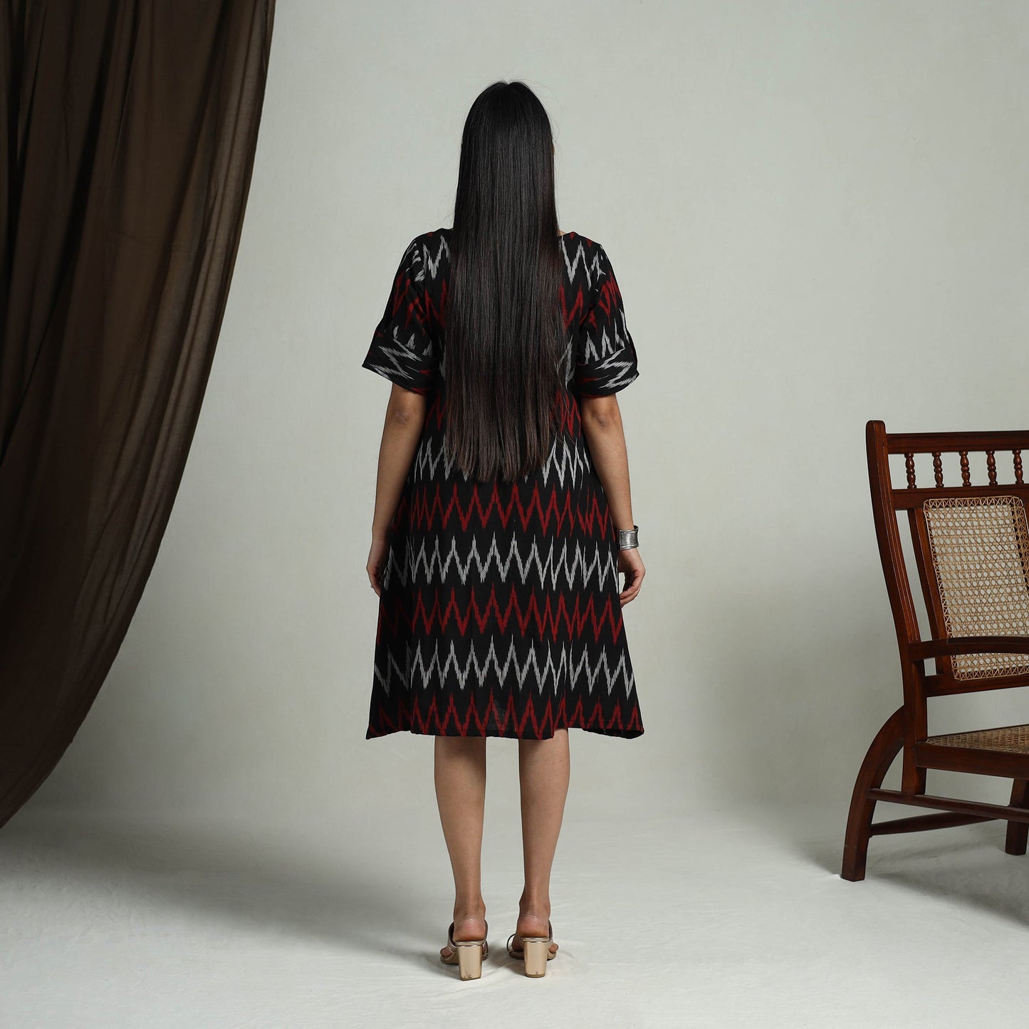 Black Flared Cotton Short Pochampally Ikat Dress
