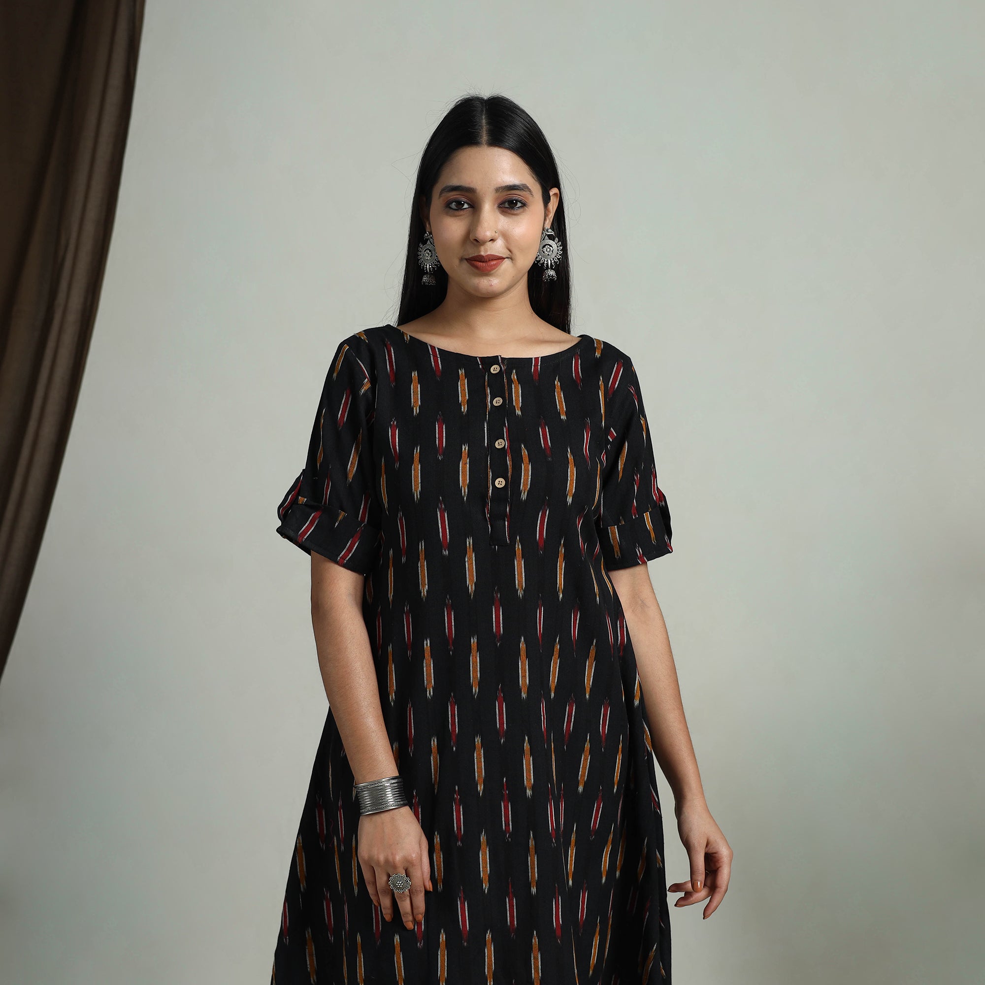 Black Flared Cotton Short Pochampally Ikat Dress